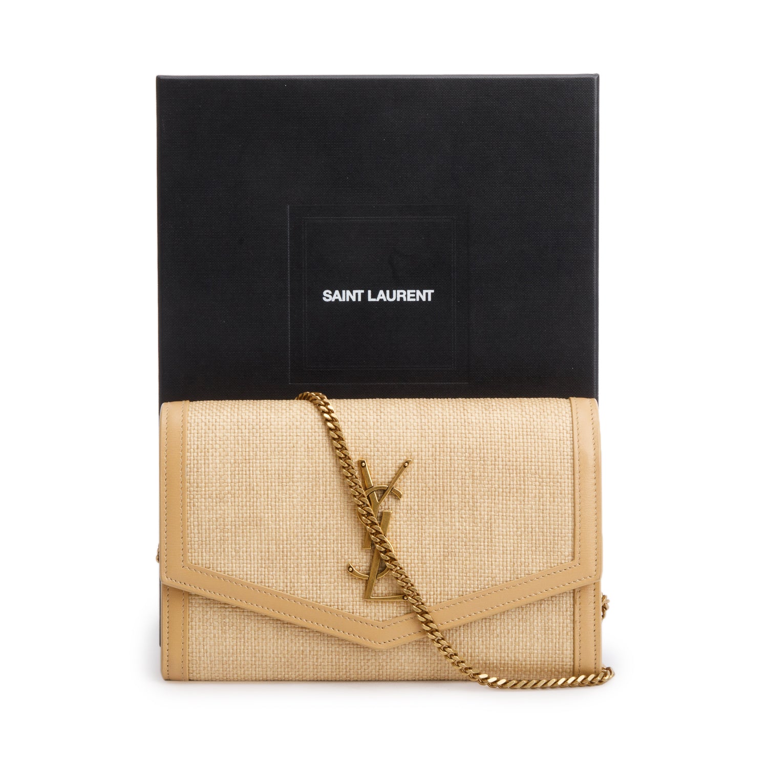 Saint Laurent 2021 Beige Raffia Uptown Chain Wallet w/ Box & Card Holder
