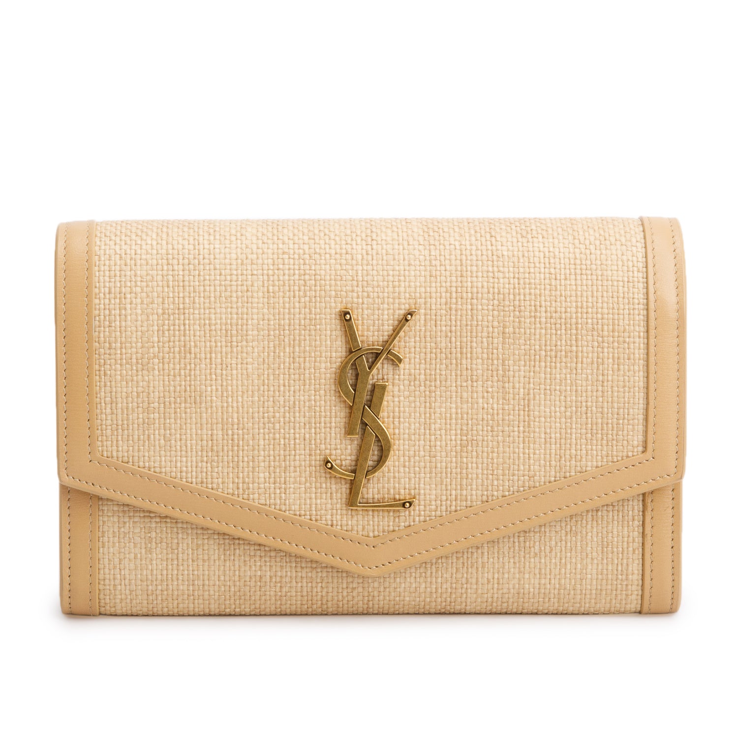Saint Laurent 2021 Beige Raffia Uptown Chain Wallet w/ Box & Card Holder