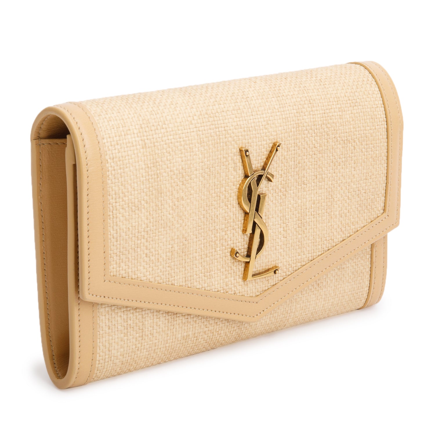 Saint Laurent 2021 Beige Raffia Uptown Chain Wallet w/ Box & Card Holder