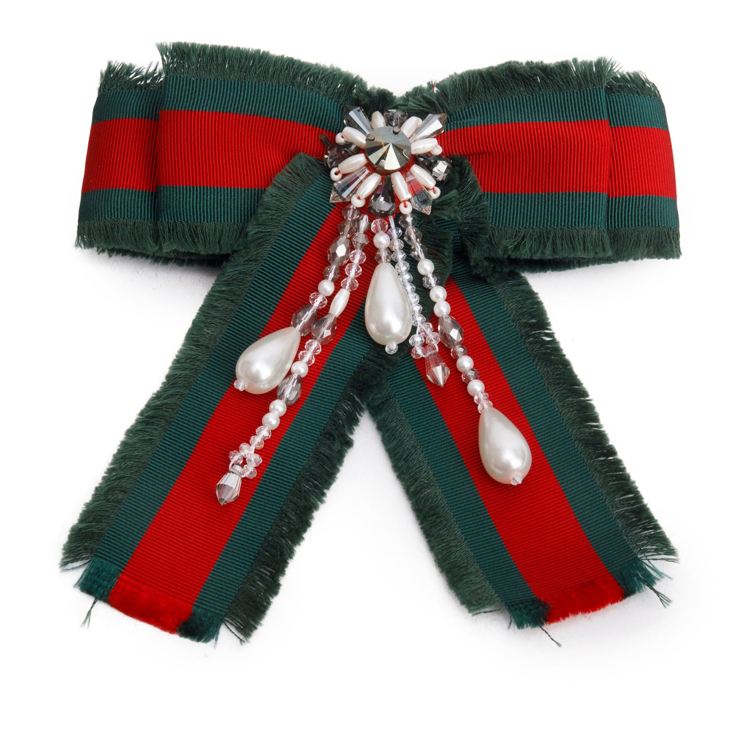Gucci Red/Green Ribbon Web Crystal Bow Brooch w/ Box