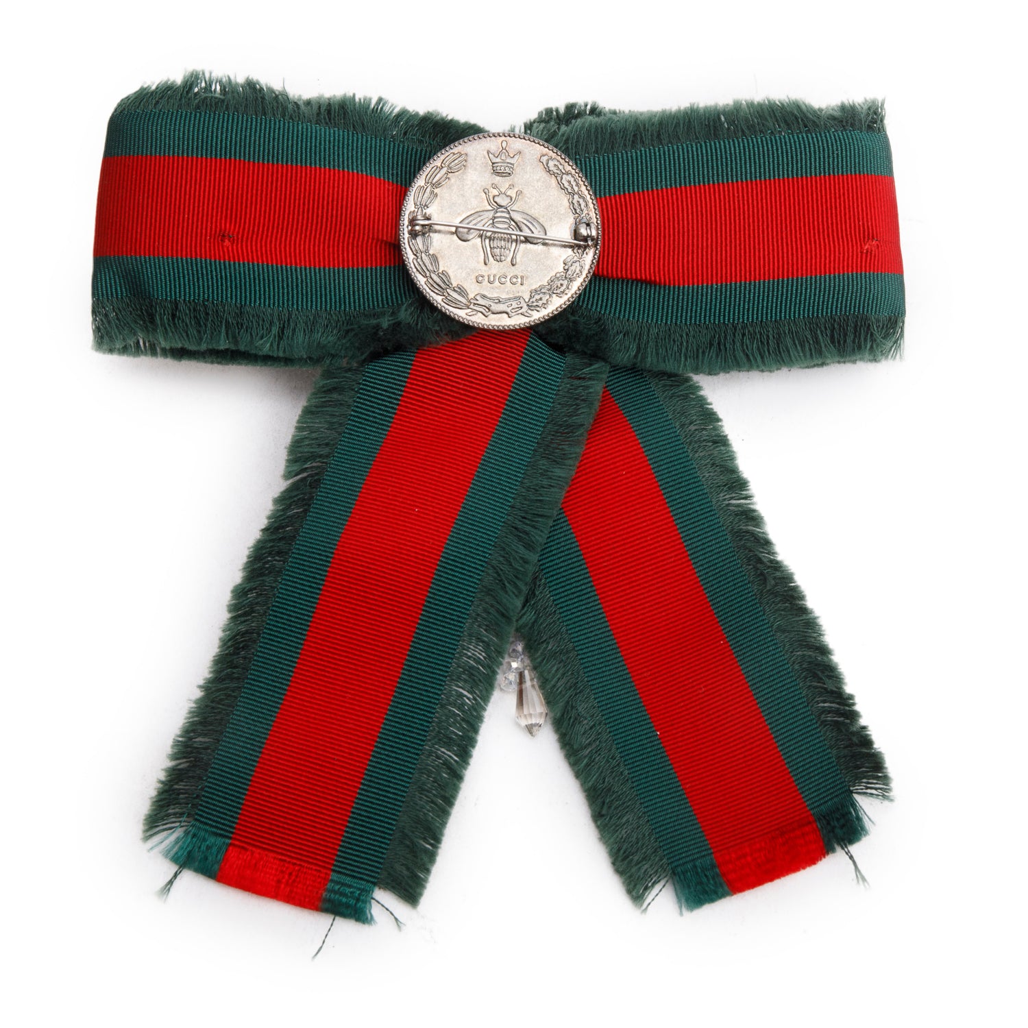 Gucci Red/Green Ribbon Web Crystal Bow Brooch w/ Box