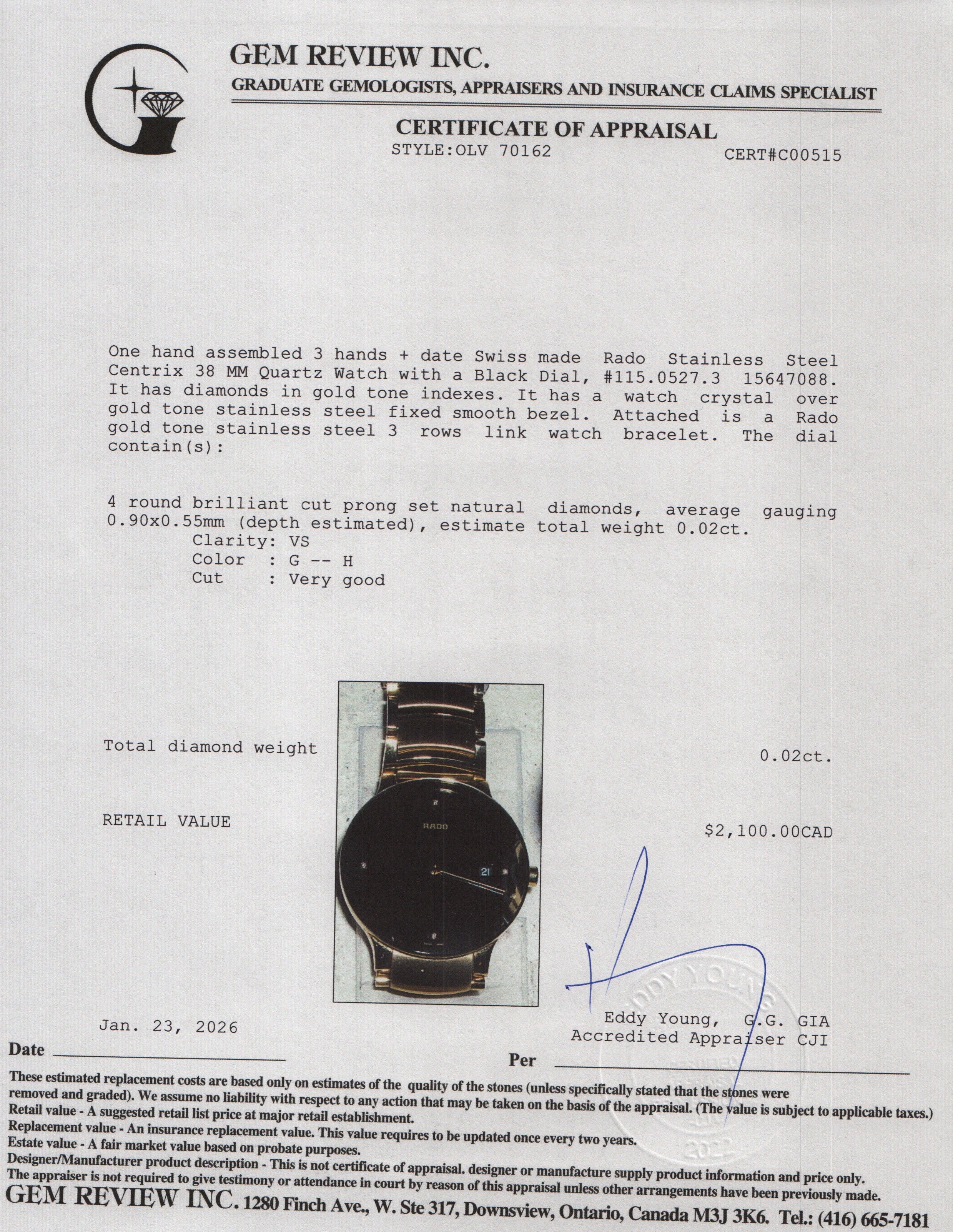 Rado Stainless Steel Centrix 38 MM Quartz Watch, Black Dial w/ Case
