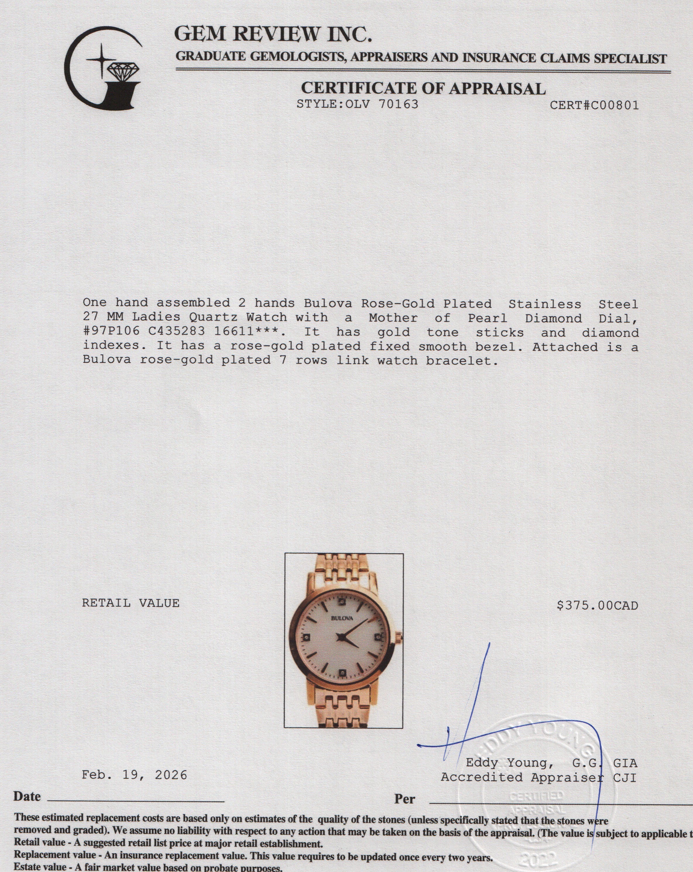 Bulova Rose-Gold Plated Stainless Steel 27 MM Ladies Quartz Watch Mother of Pearl Diamond Dial 97P106