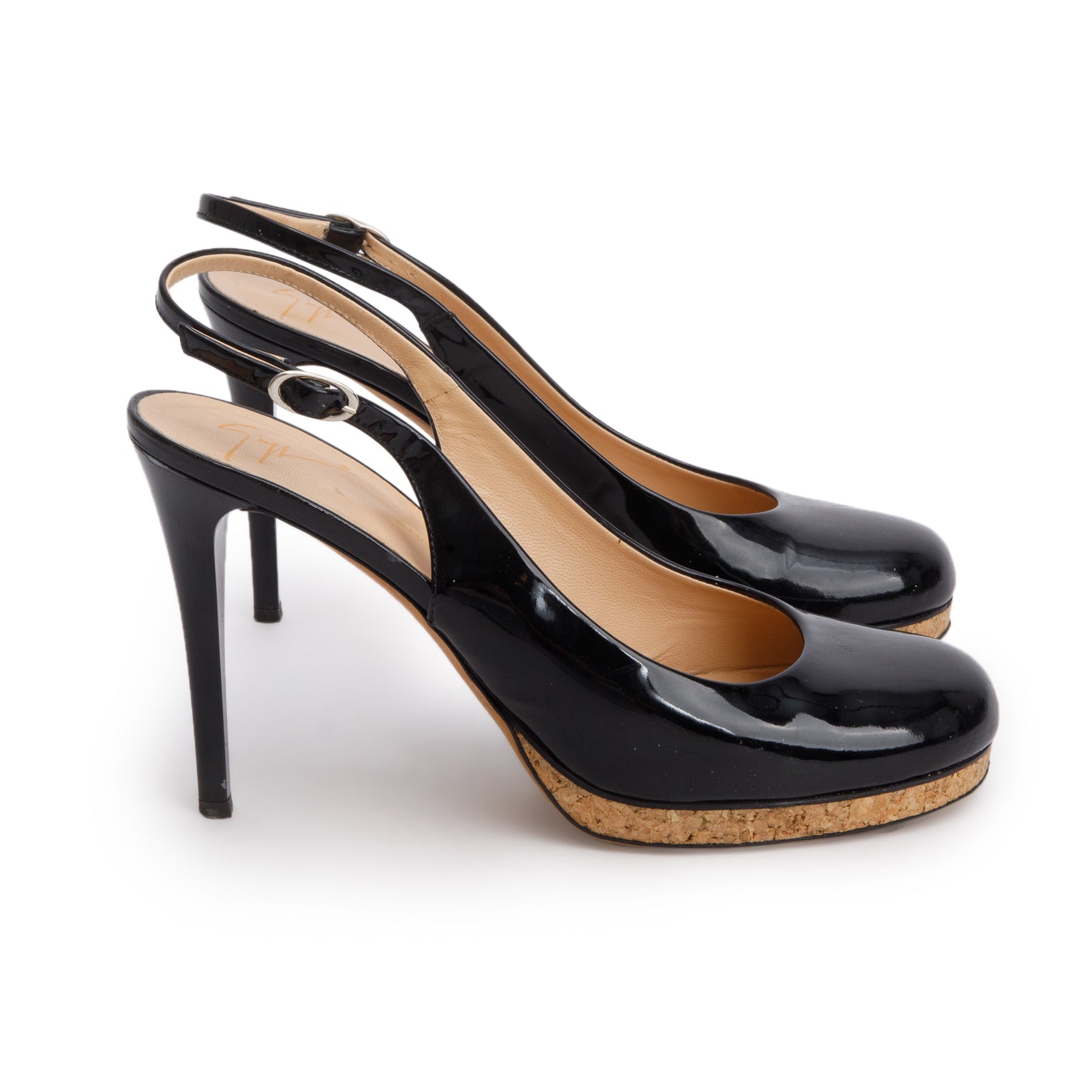 Gisueppe Zanotti Black Patent Leather/Cork Slingback Pumps, Size 38