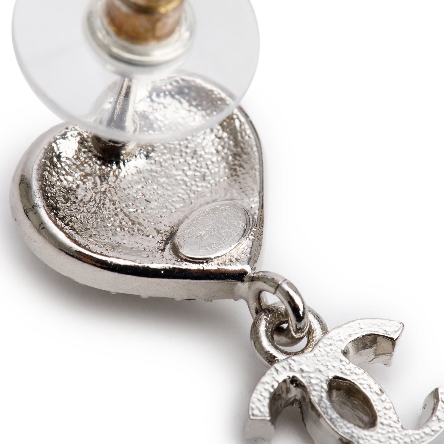 Chanel 2023 Palladium-Plated Faux Pearl & Strass CC Heart Drop Earrings w/ Box