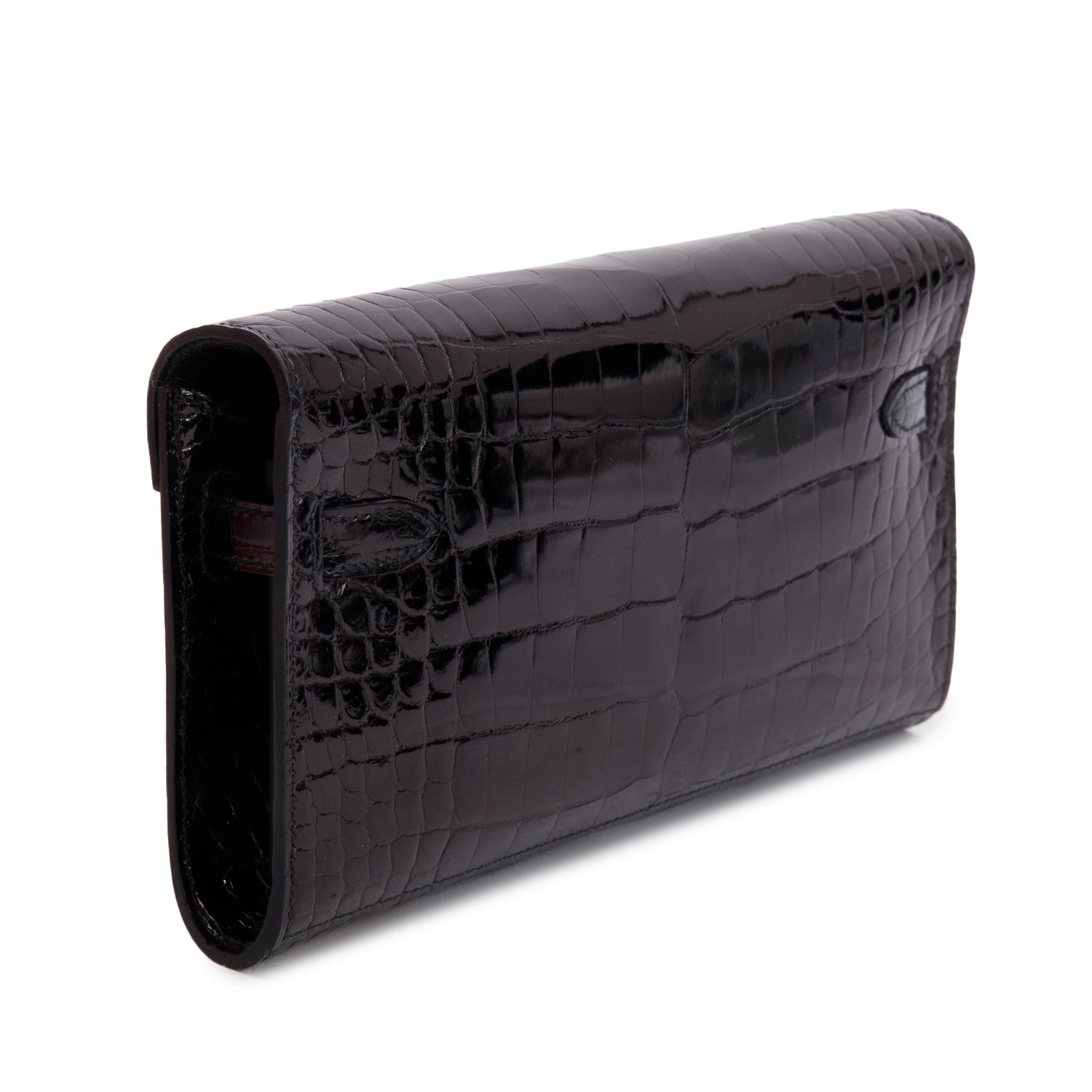 Hermes 2025 Noir Shiny Alligator Kelly Wallet To Go w/ Strap & Box