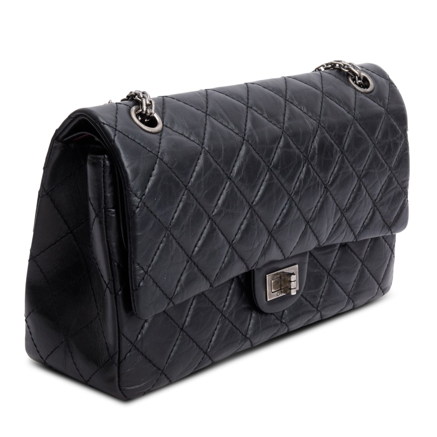 Chanel Black Aged Calfskin Leather 2.55 Reissue 226 Double Flap Bag w/ Box & Authenticity Card