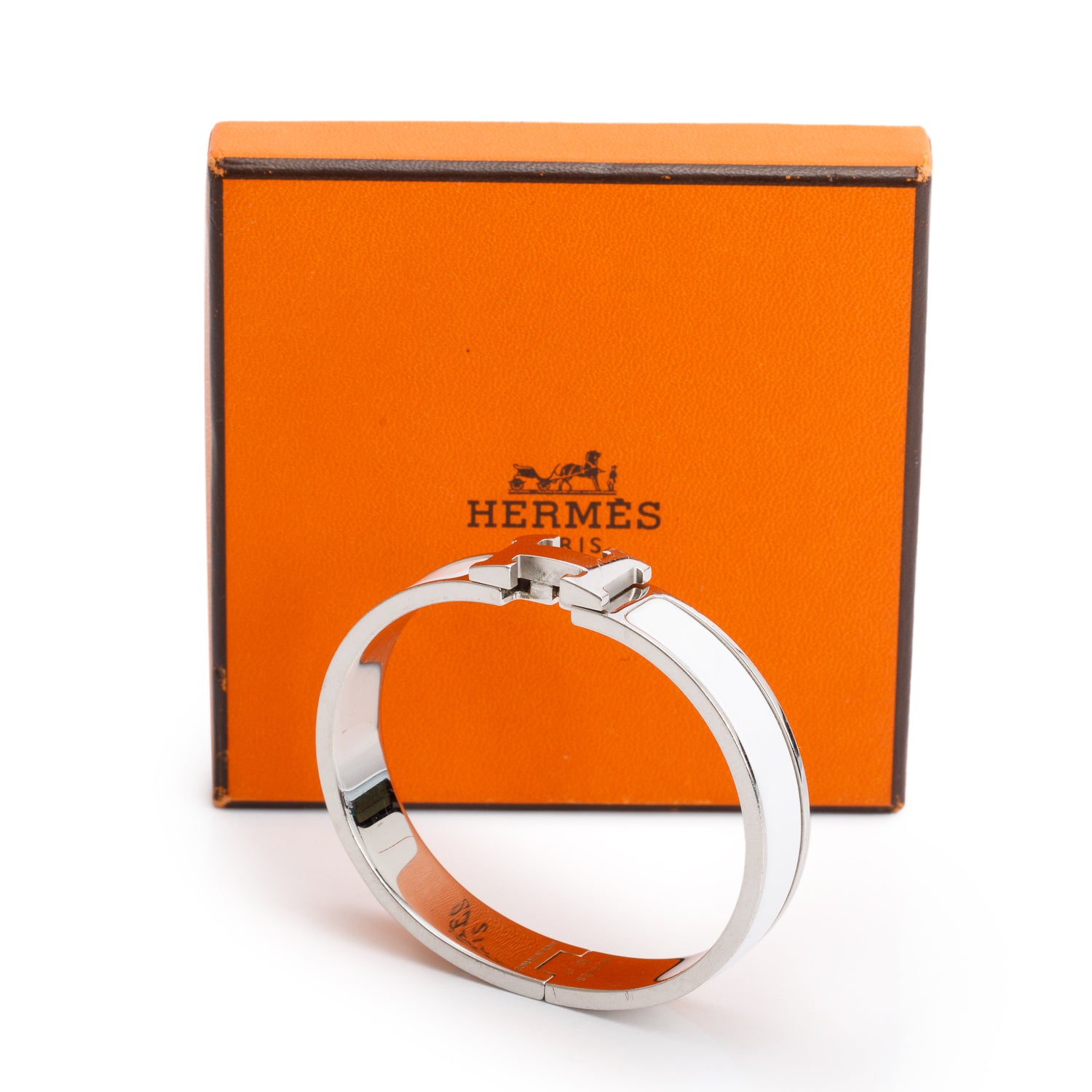 Hermes Palladium Plated White Enamel 12 MM Clic H Bracelet w/ Box