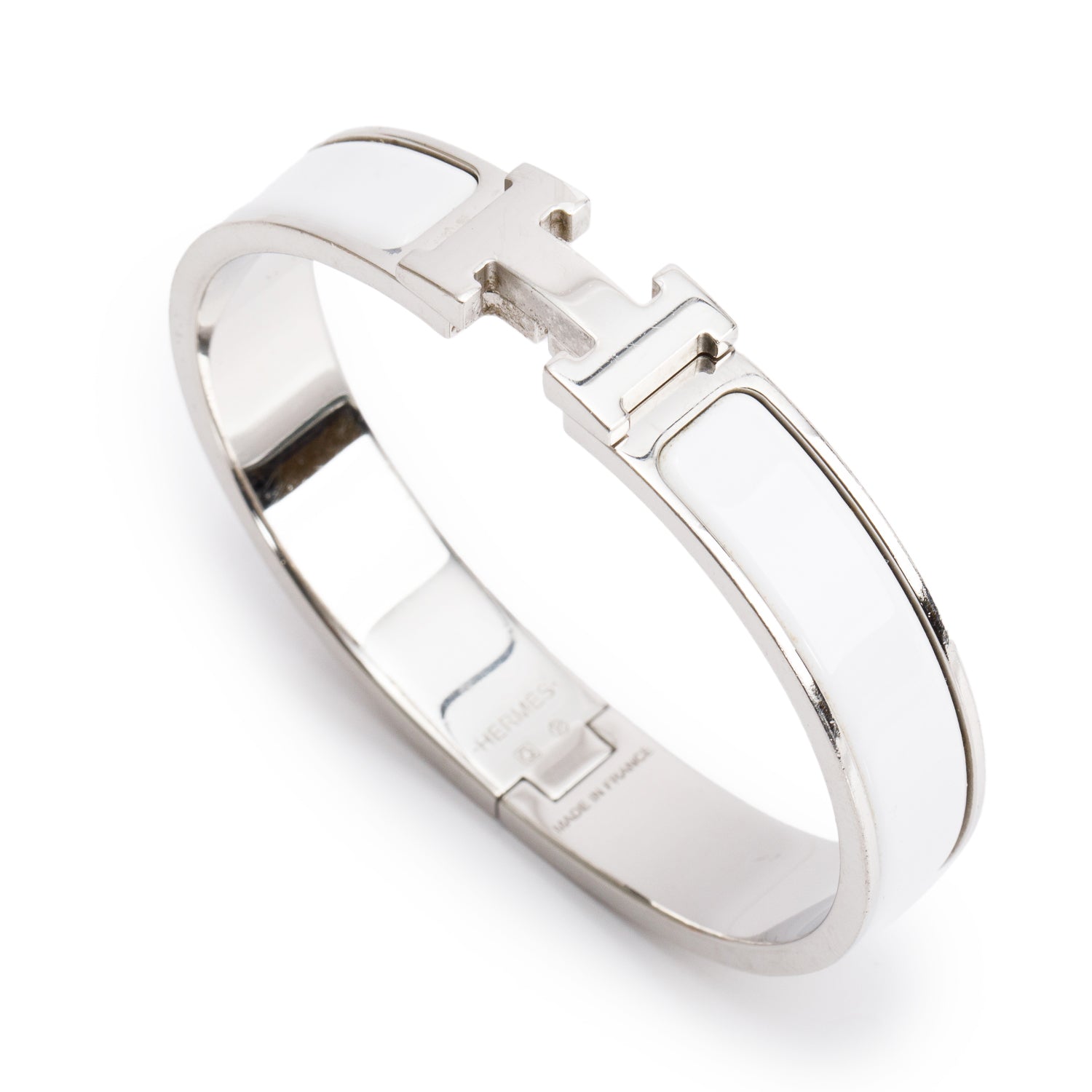 Hermes Palladium Plated White Enamel 12 MM Clic H Bracelet w/ Box