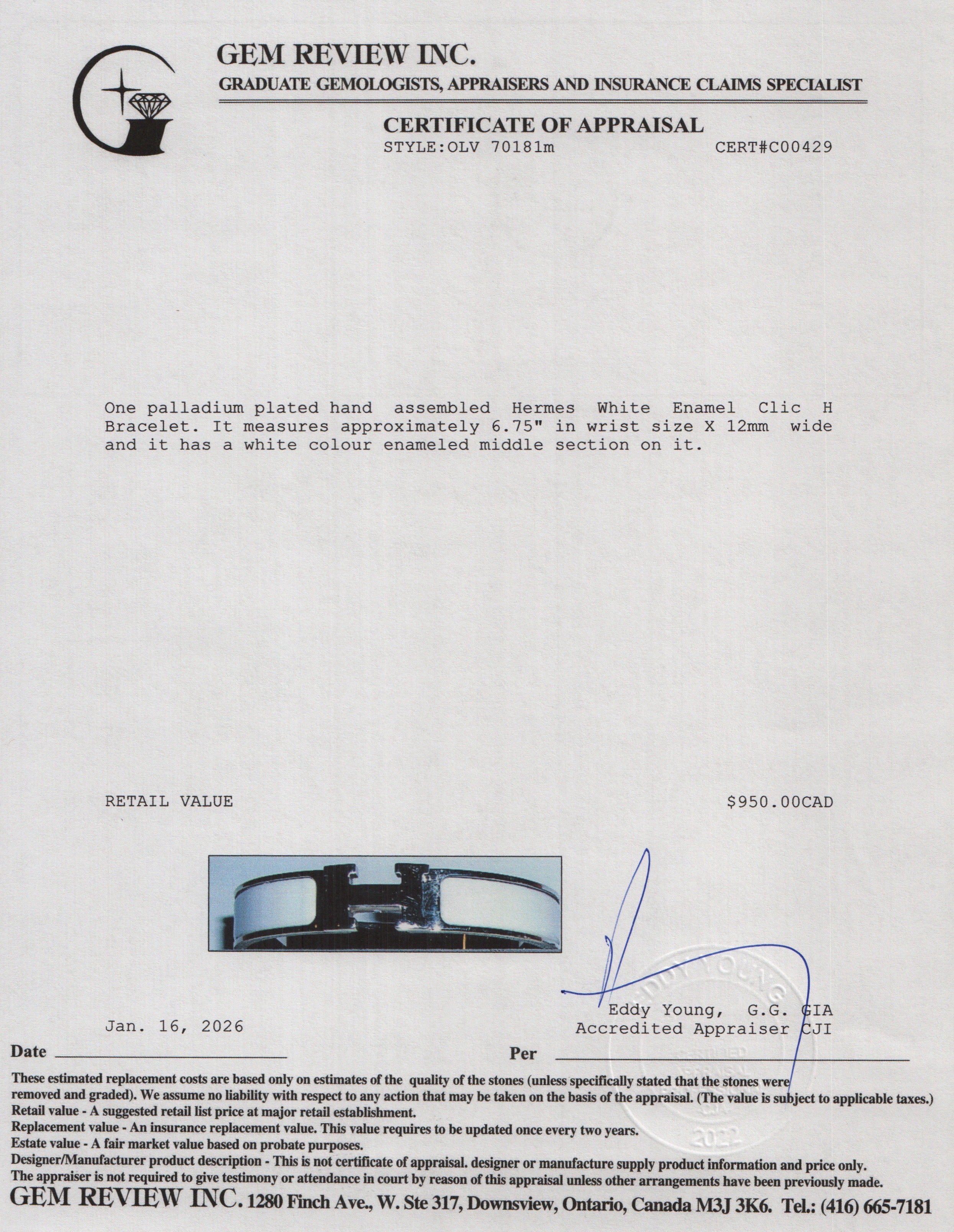 Hermes Palladium Plated White Enamel 12 MM Clic H Bracelet w/ Box