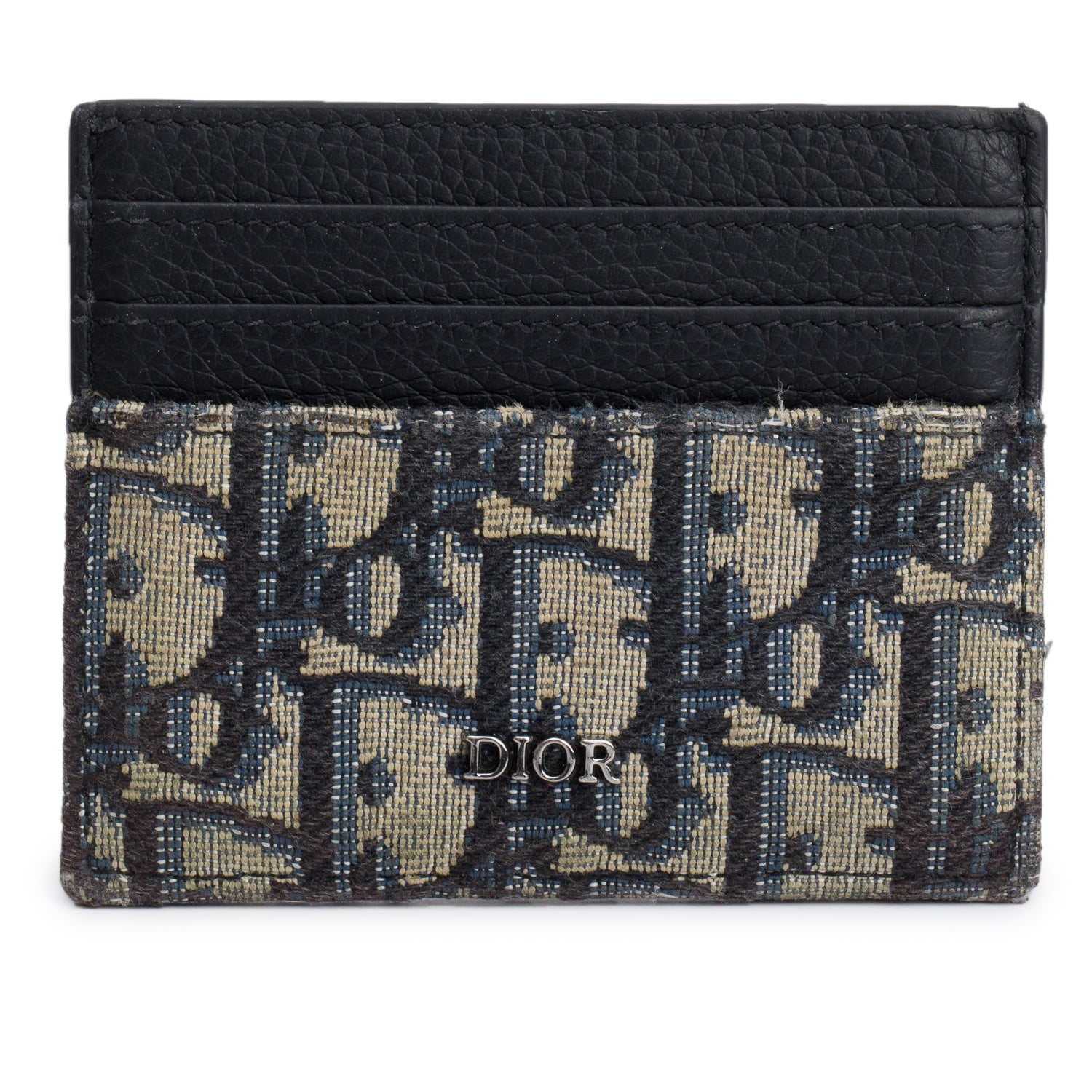 Christian Dior 2022 Blue Oblique Jacquard and Black Grained Calfskin Card Holder