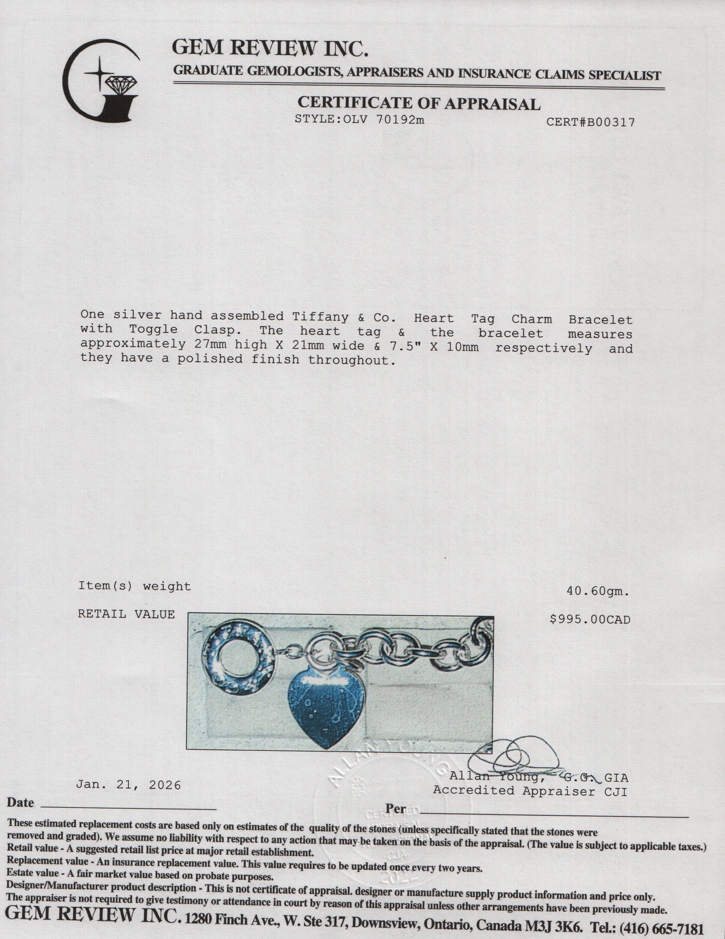Tiffany & Co. Sterling Silver Heart Tag Charm Bracelet with Toggle Clasp