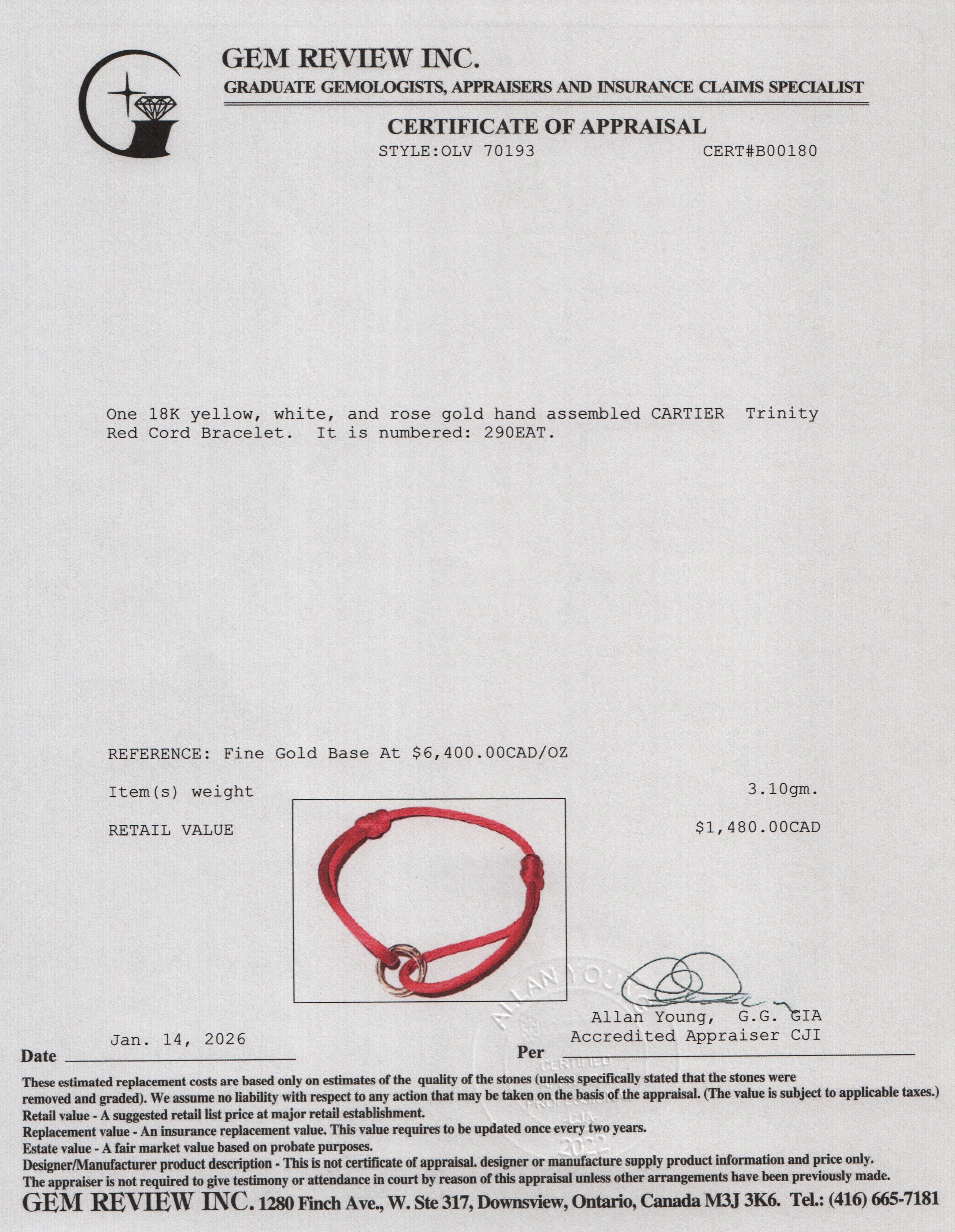 Cartier 18k White, Yellow & Rose Gold Trinity Red Cord Bracelet
