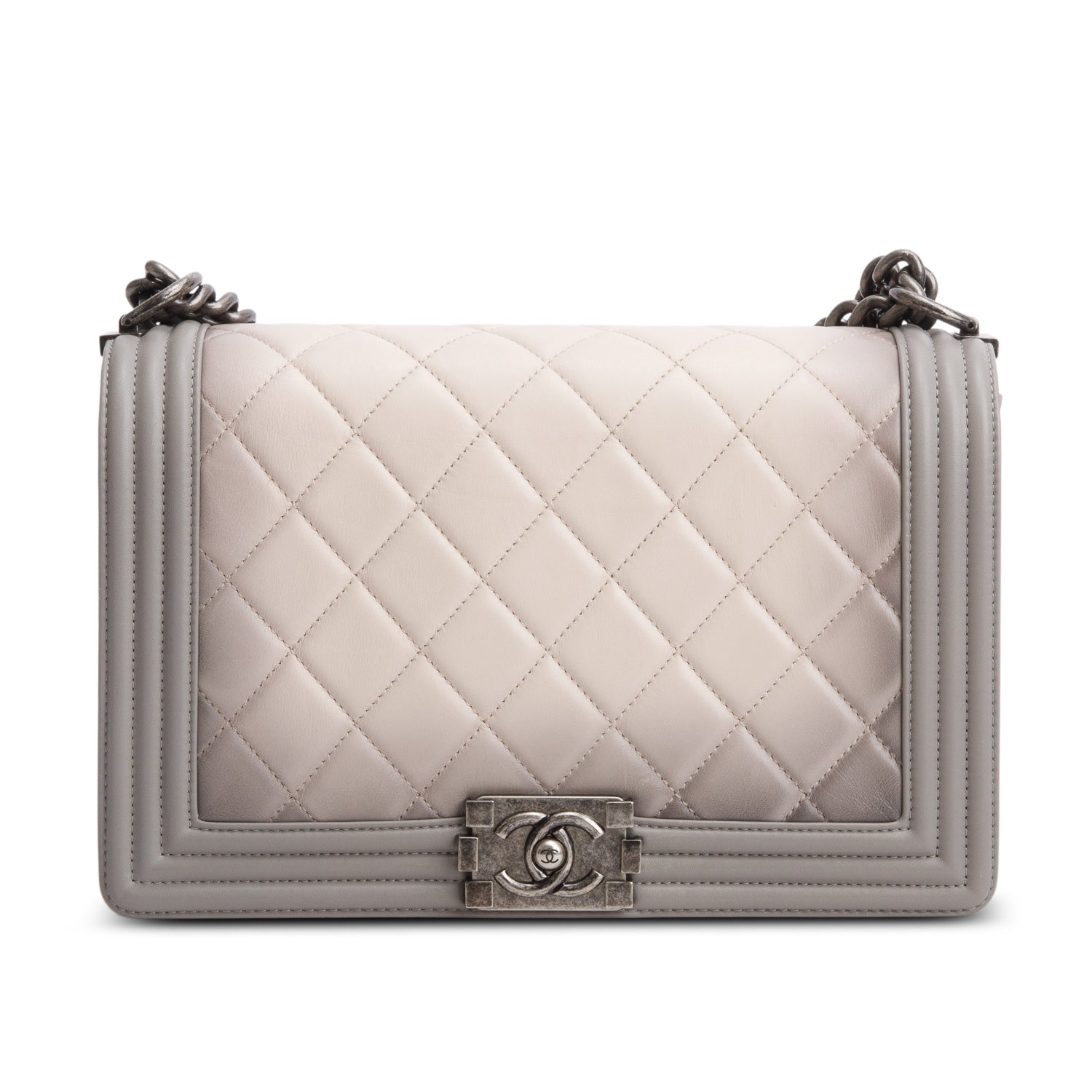 Chanel Grey Ombre Quilted Lambskin Leather Large Boy Bag w/ Authenticity Card