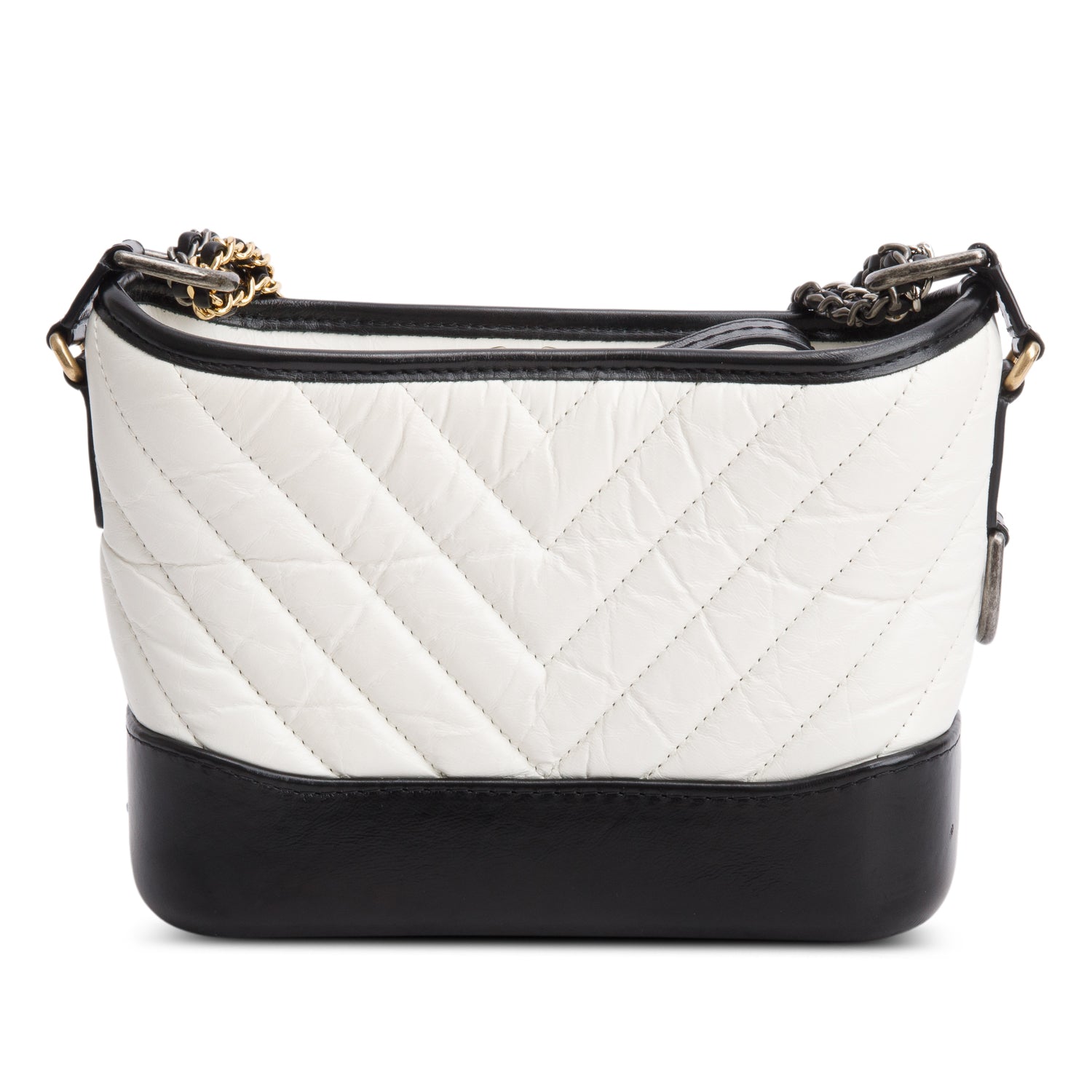 Chanel Black & White Aged Calfskin Leather Chevron Quilted Small Gabrielle Hobo w/ Authenticity Card
