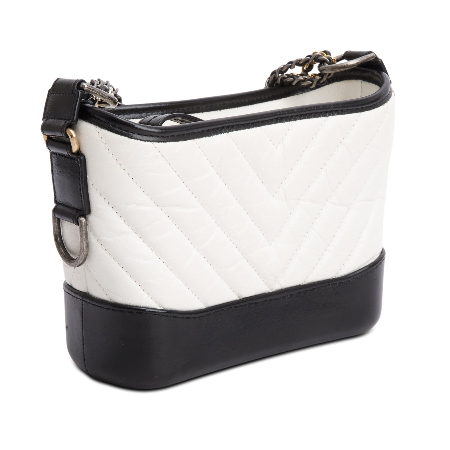 Chanel Black & White Aged Calfskin Leather Chevron Quilted Small Gabrielle Hobo w/ Authenticity Card