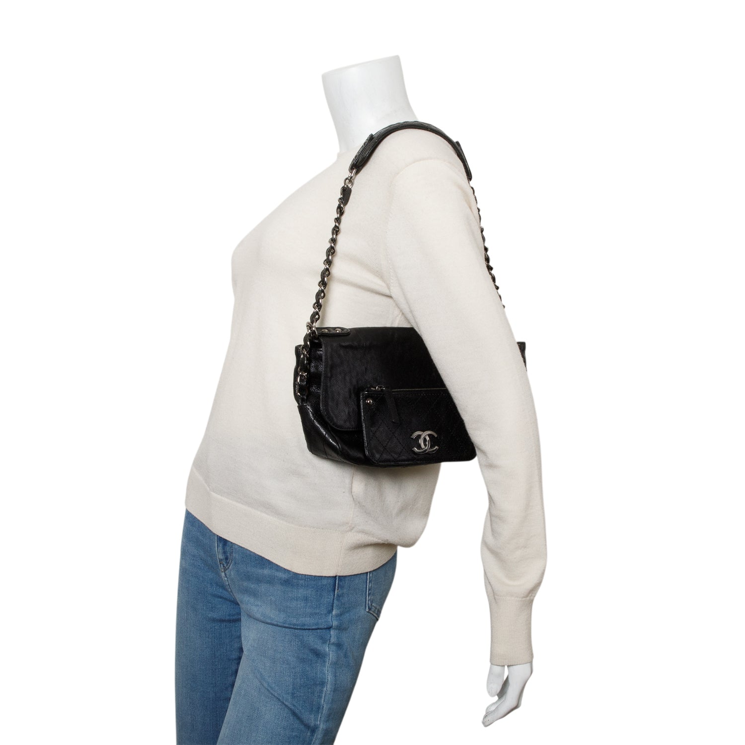 Chanel Black Caviar Leather Pocket in the City Flap Bag