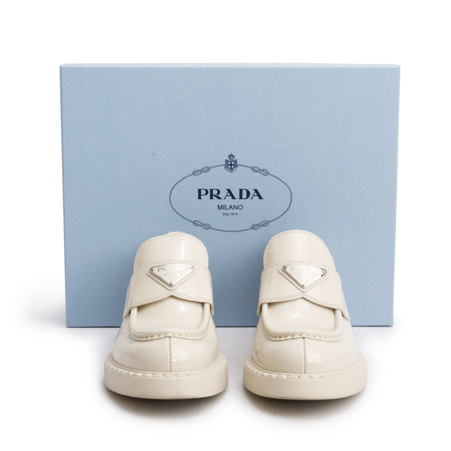 Prada White Vernice Leather Signature Logo Loafers, Size 37 w/ Box