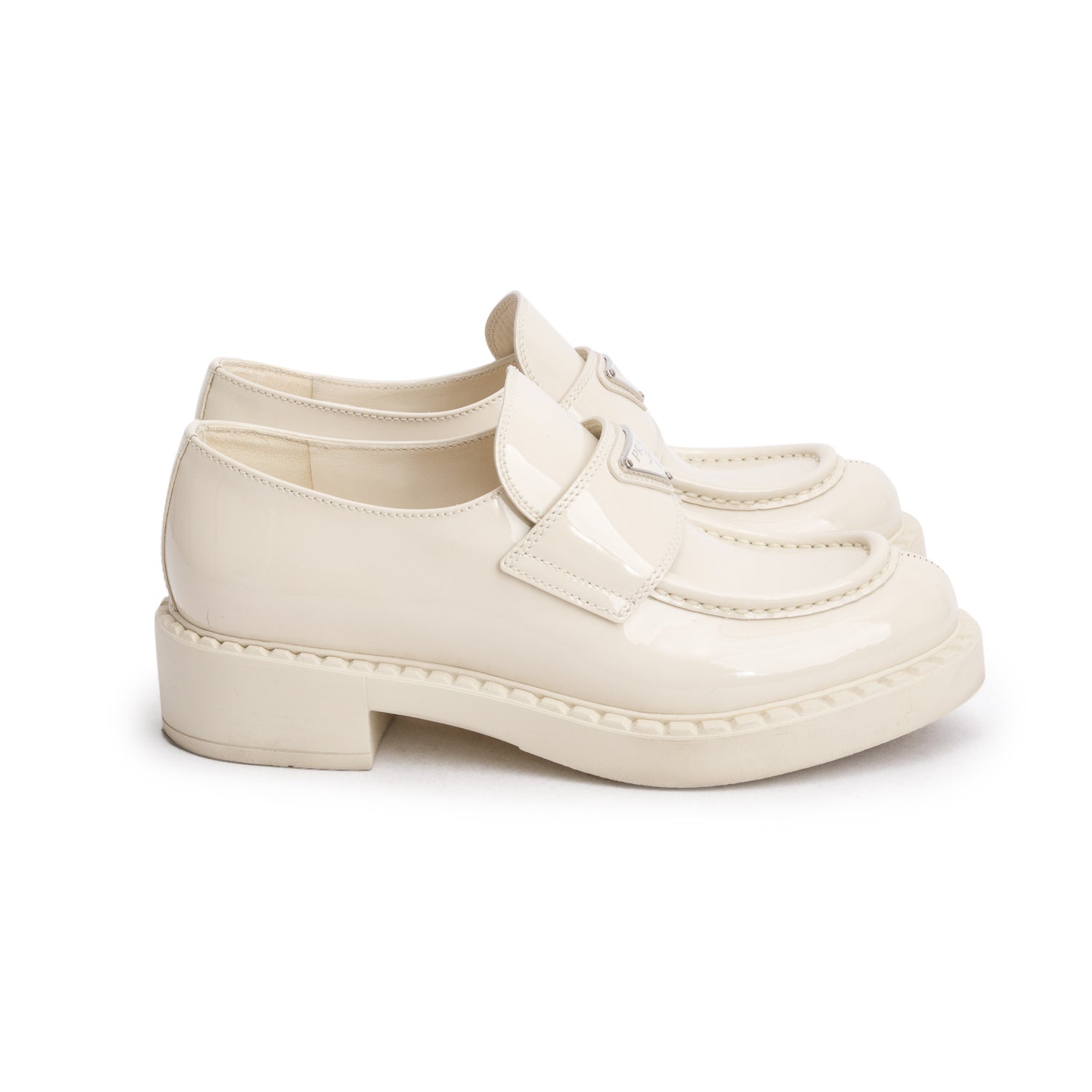 Prada White Vernice Leather Signature Logo Loafers, Size 37 w/ Box