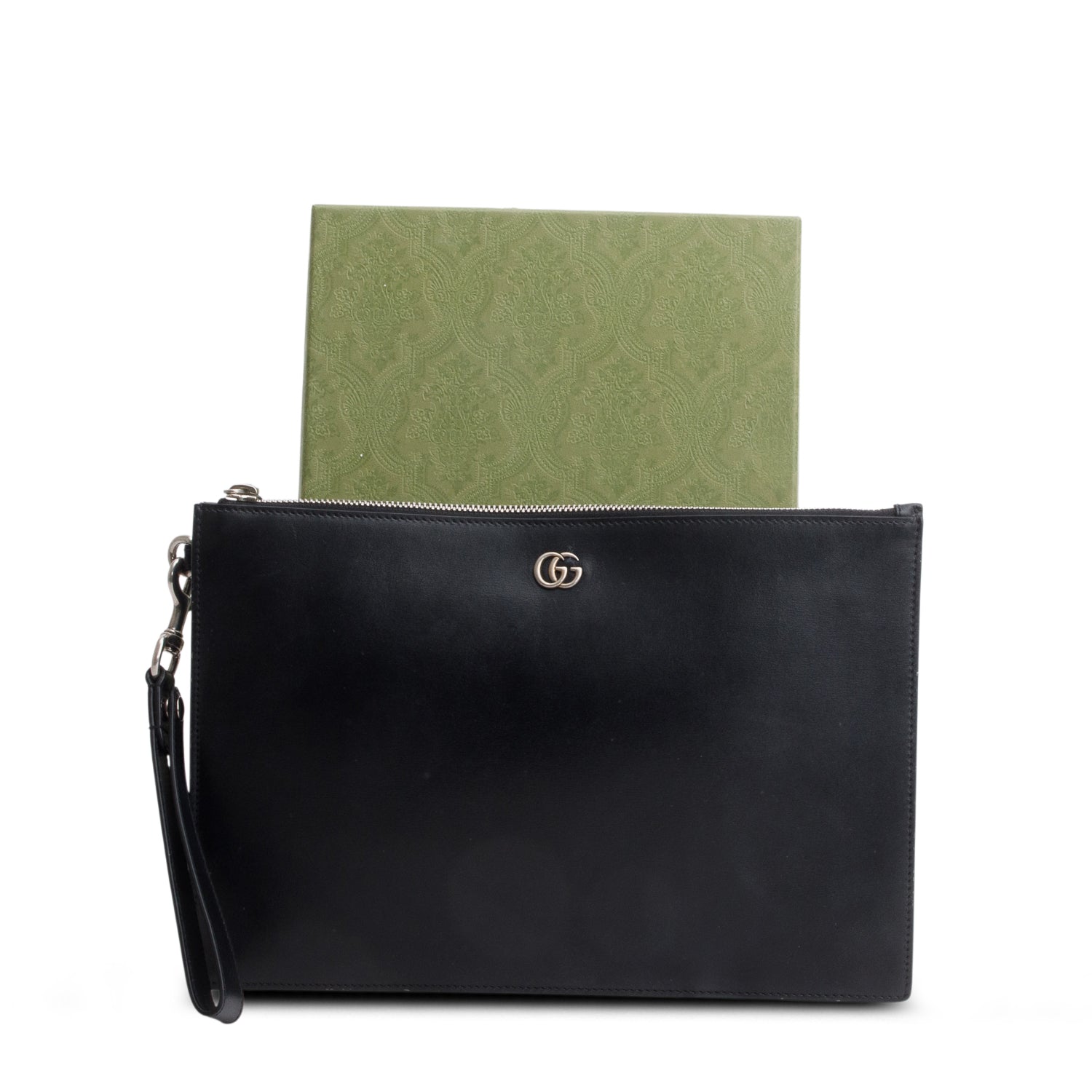 Gucci Black Calfskin Leather Large GG Marmont Wristlet Clutch w/ Box
