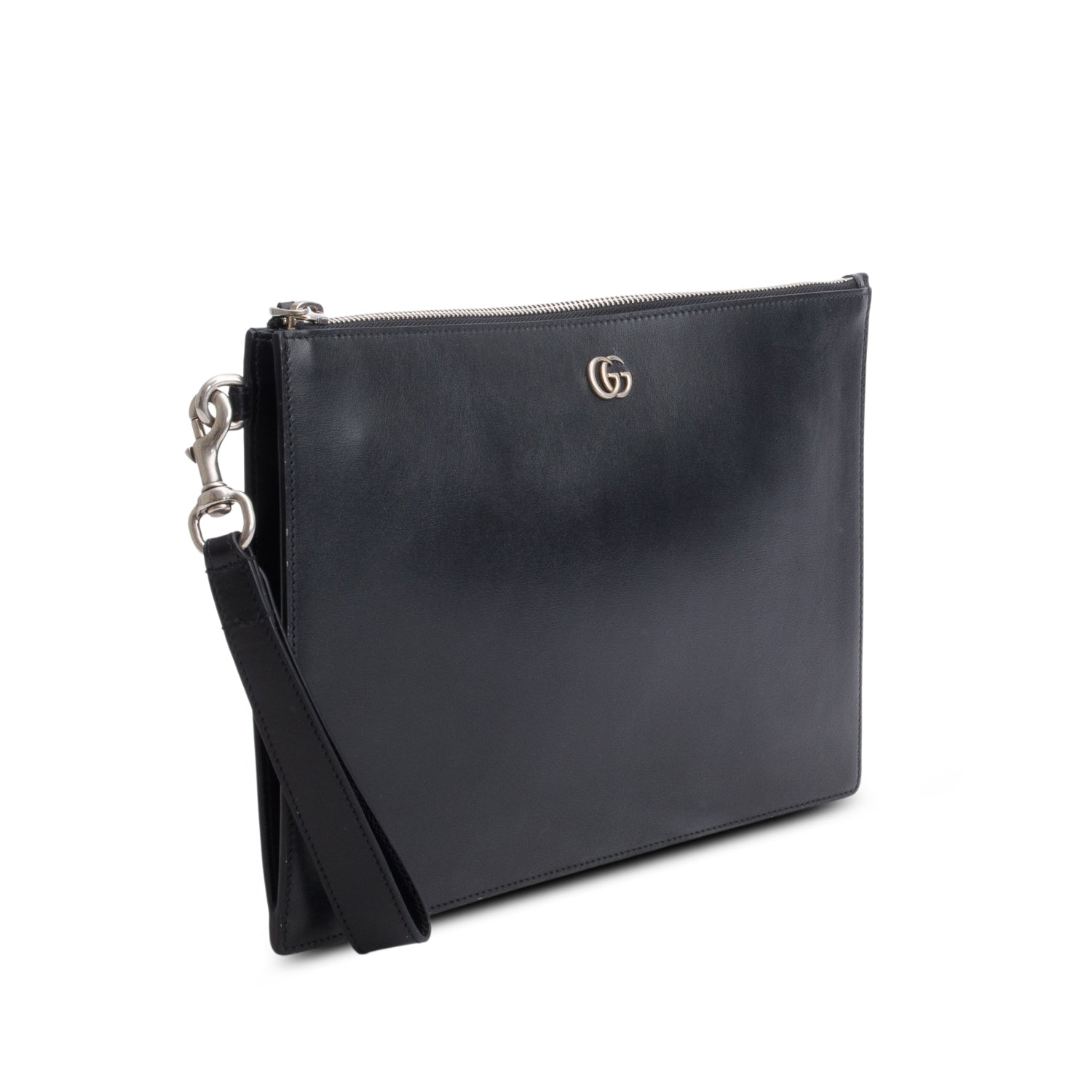 Gucci Black Calfskin Leather Large GG Marmont Wristlet Clutch w/ Box