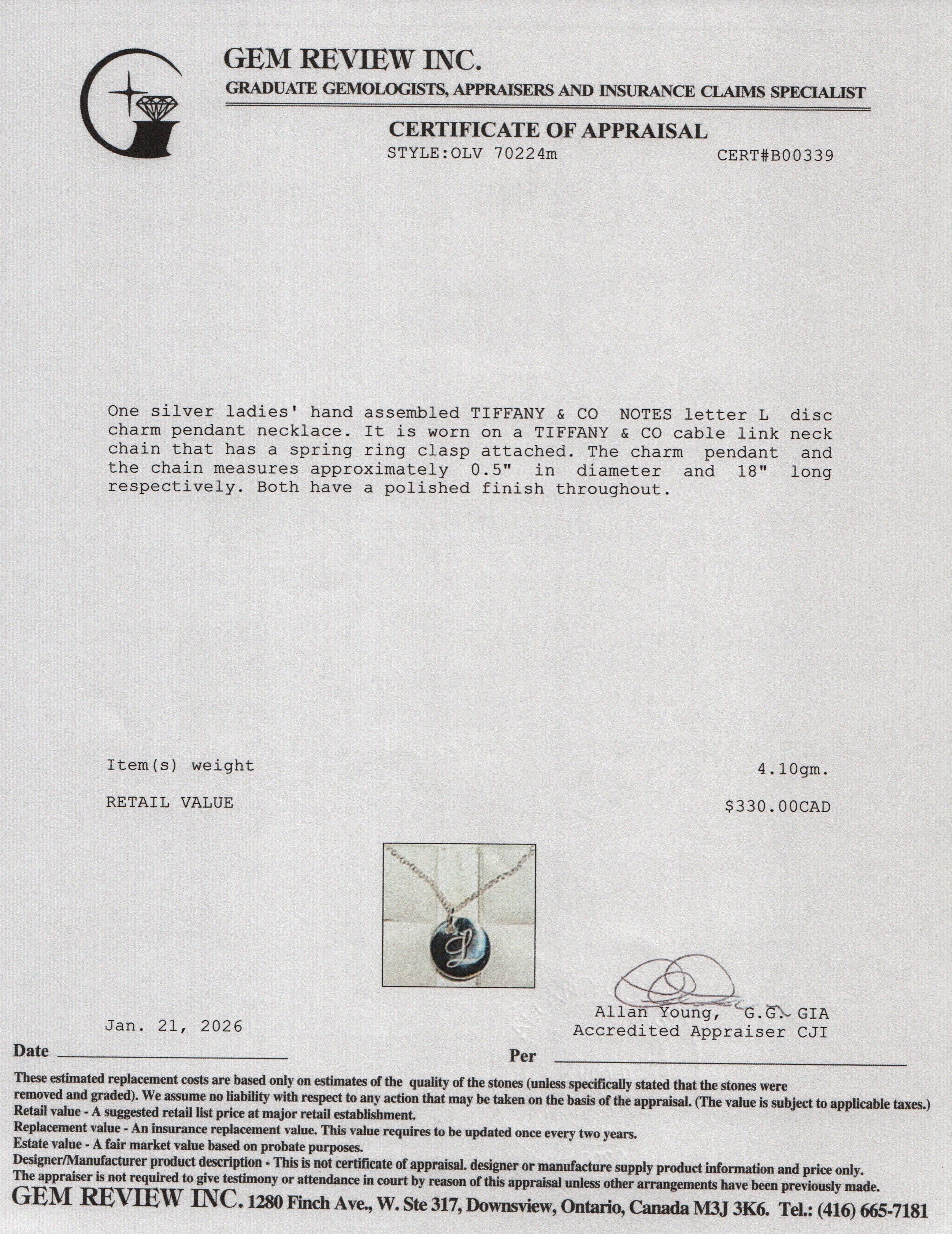 Tiffany & Co. Sterling Silver Notes Letter 'L' Disc Charm Pendant Necklace