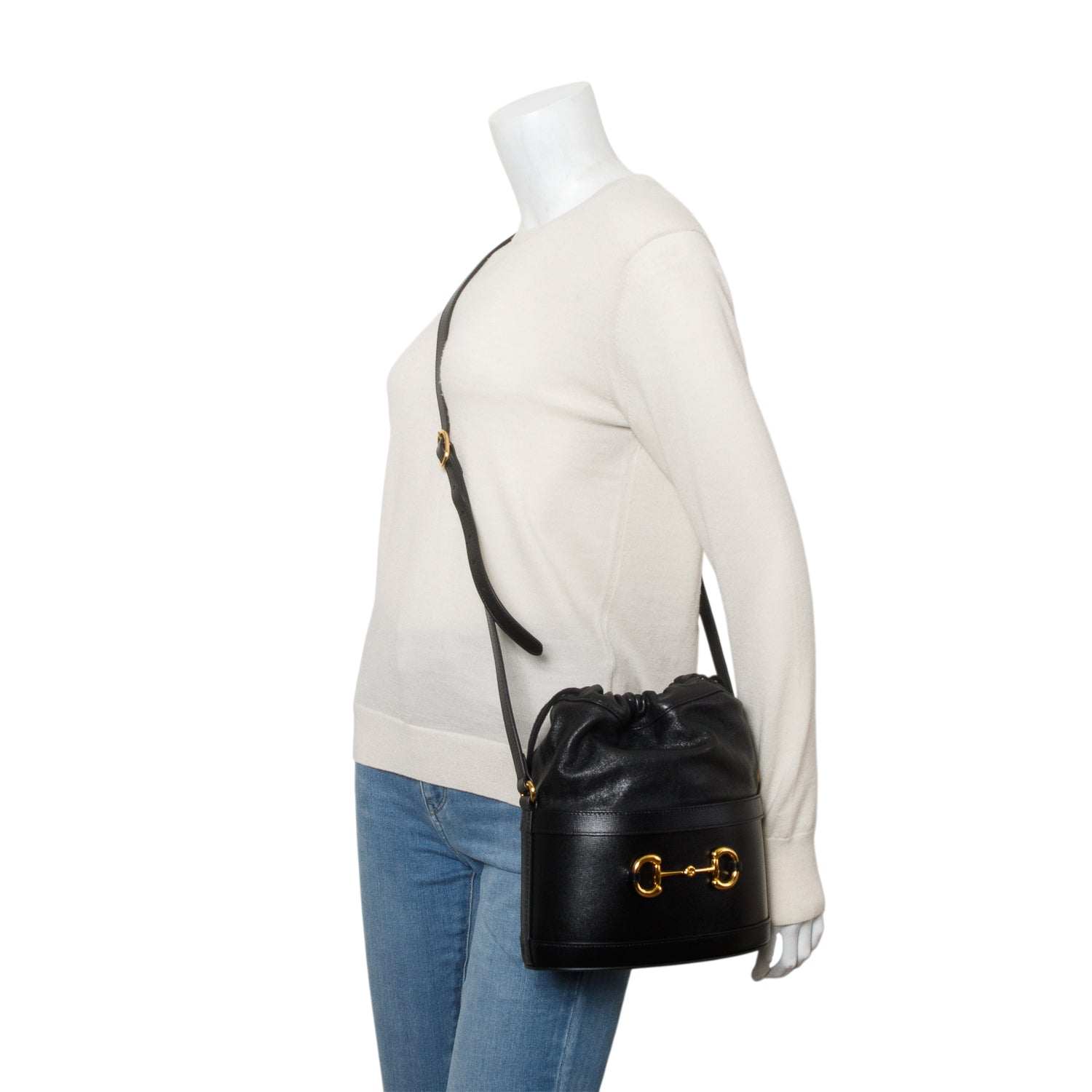 Gucci Black Azalea Sakai Calfskin Horsebit 1955 Drawstring Bucket Bag