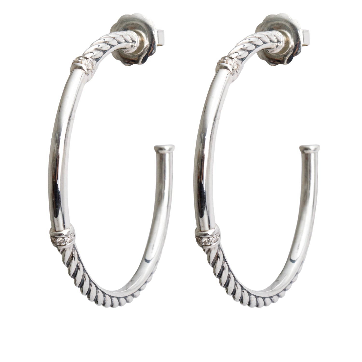 David Yurman Sterling Silver Diamond Cable Hoop Earrings