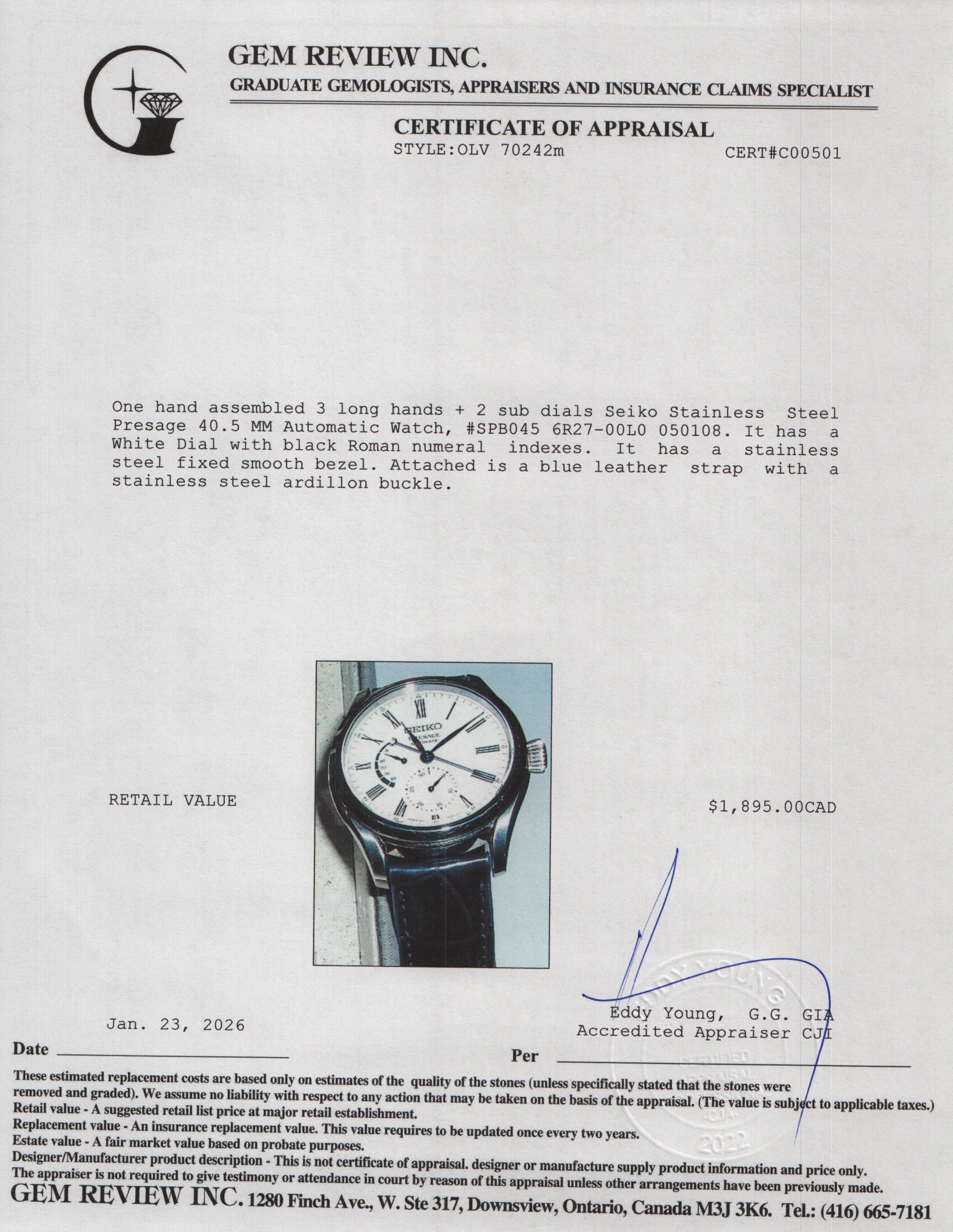 Seiko Stainless Steel Presage 40.5 MM Automatic Watch White Dial SPB045 w/ Box