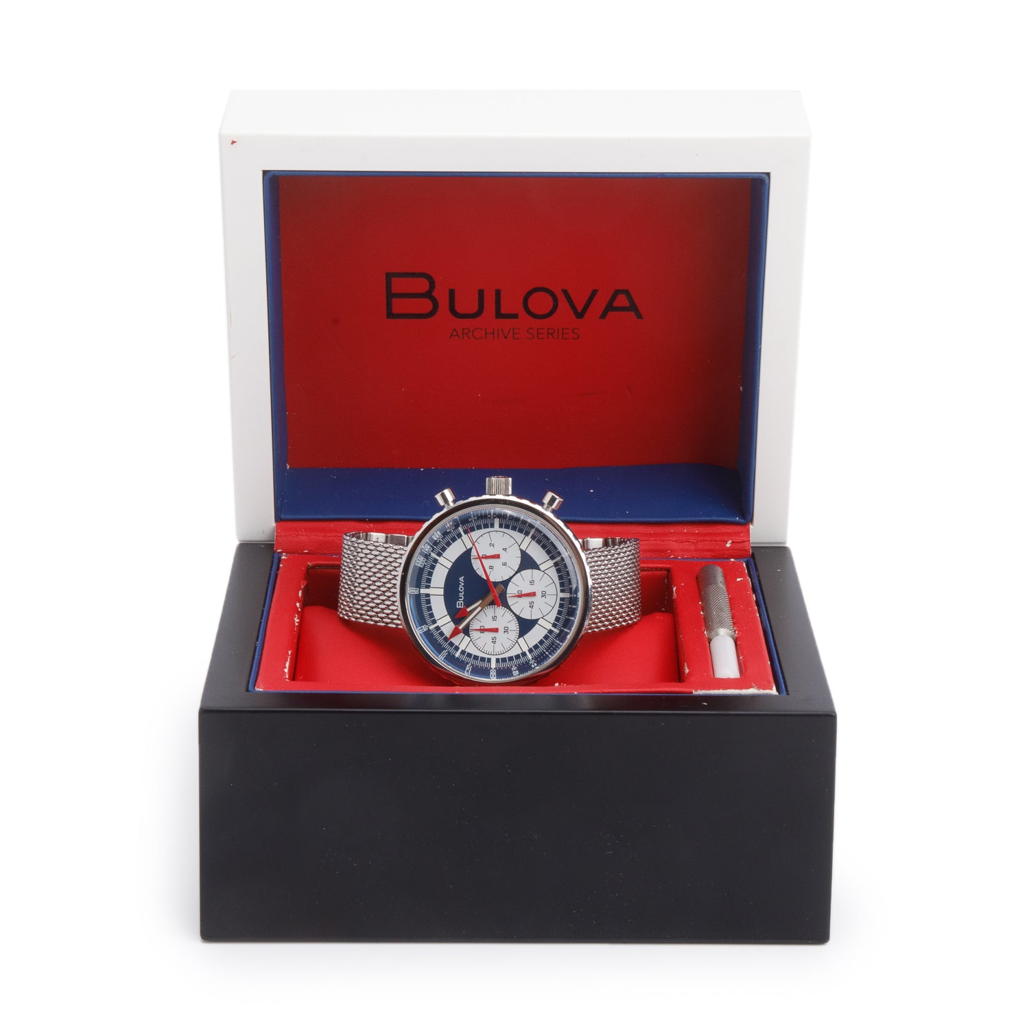 Bulova Stainless Steel Archive 46 MM Chronograph Quartz Watch Blue Dial 96K101 w/ Box
