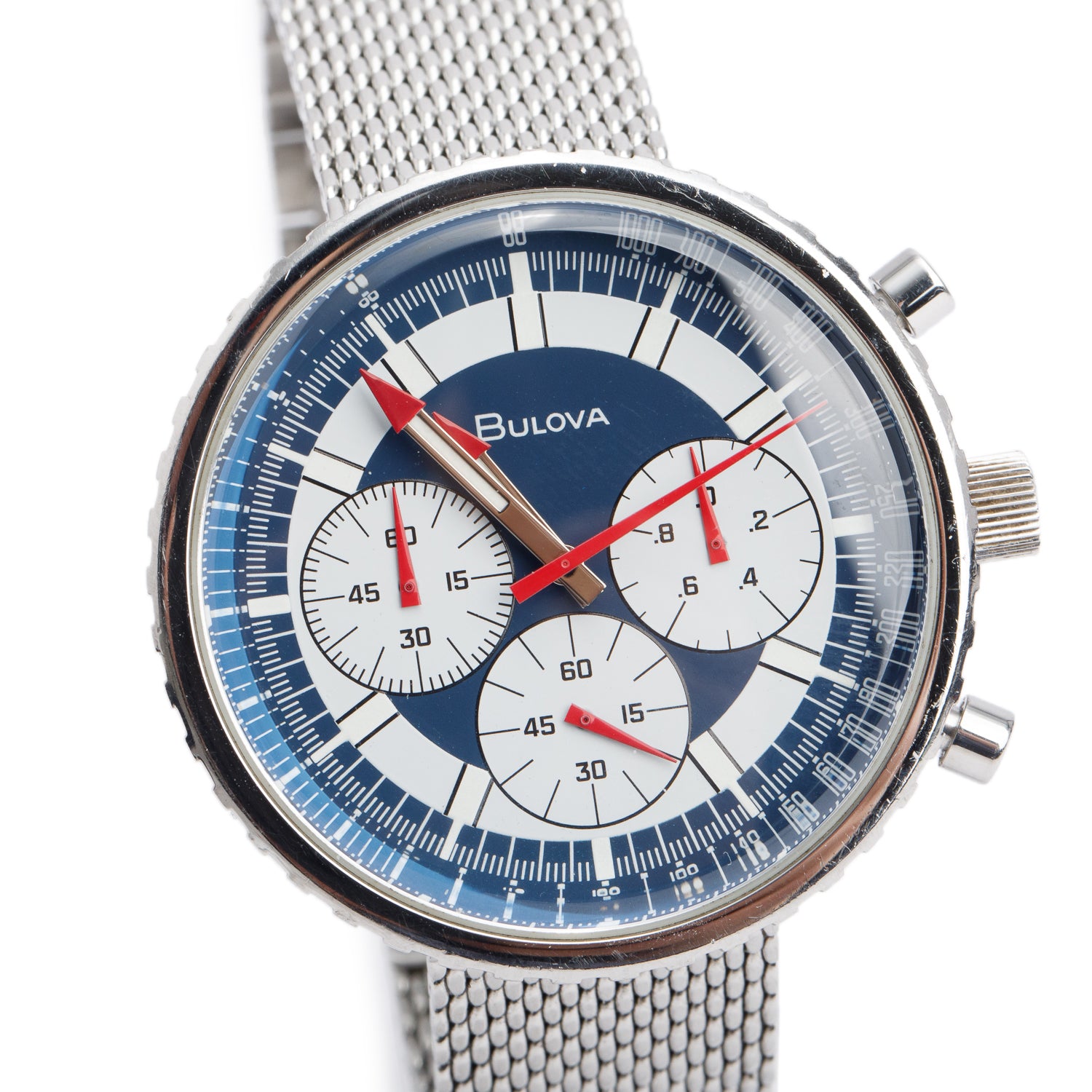 Bulova Stainless Steel Archive 46 MM Chronograph Quartz Watch Blue Dial 96K101 w/ Box