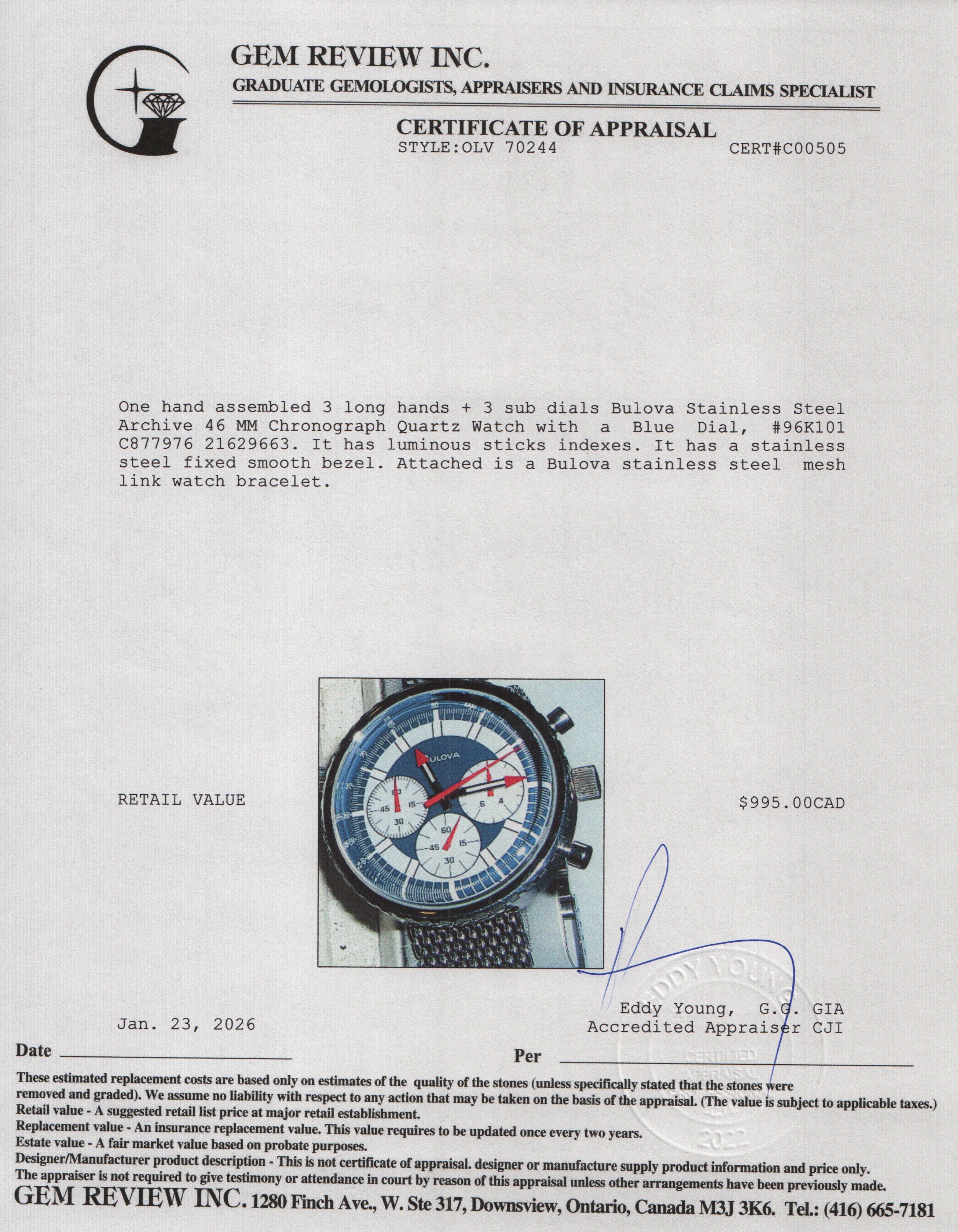 Bulova Stainless Steel Archive 46 MM Chronograph Quartz Watch Blue Dial 96K101 w/ Box