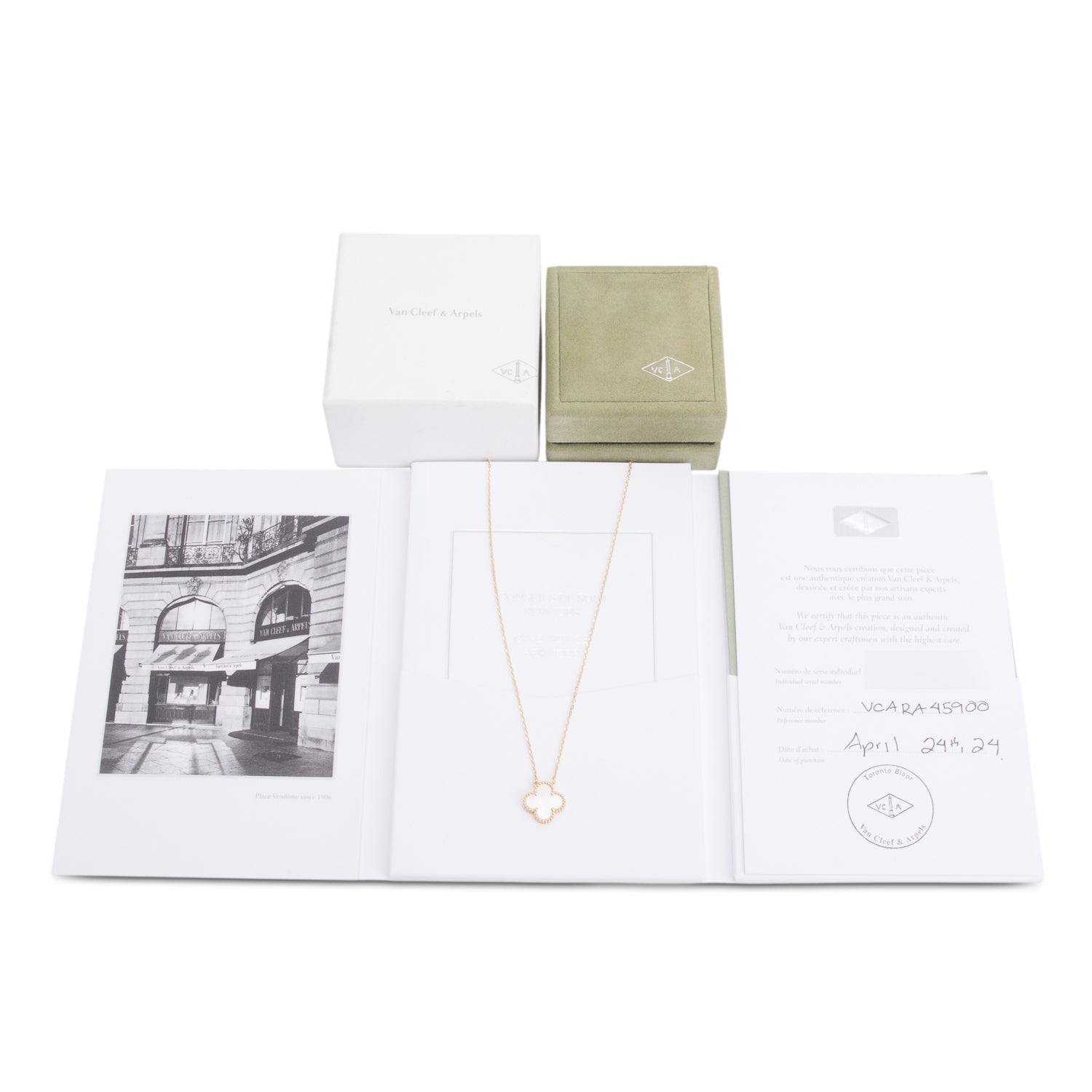 Van Cleef & Arpels 2024 18k Yellow Gold Vintage Alhambra Mother of Pearl Pendant Necklace w/ Box & Certificate