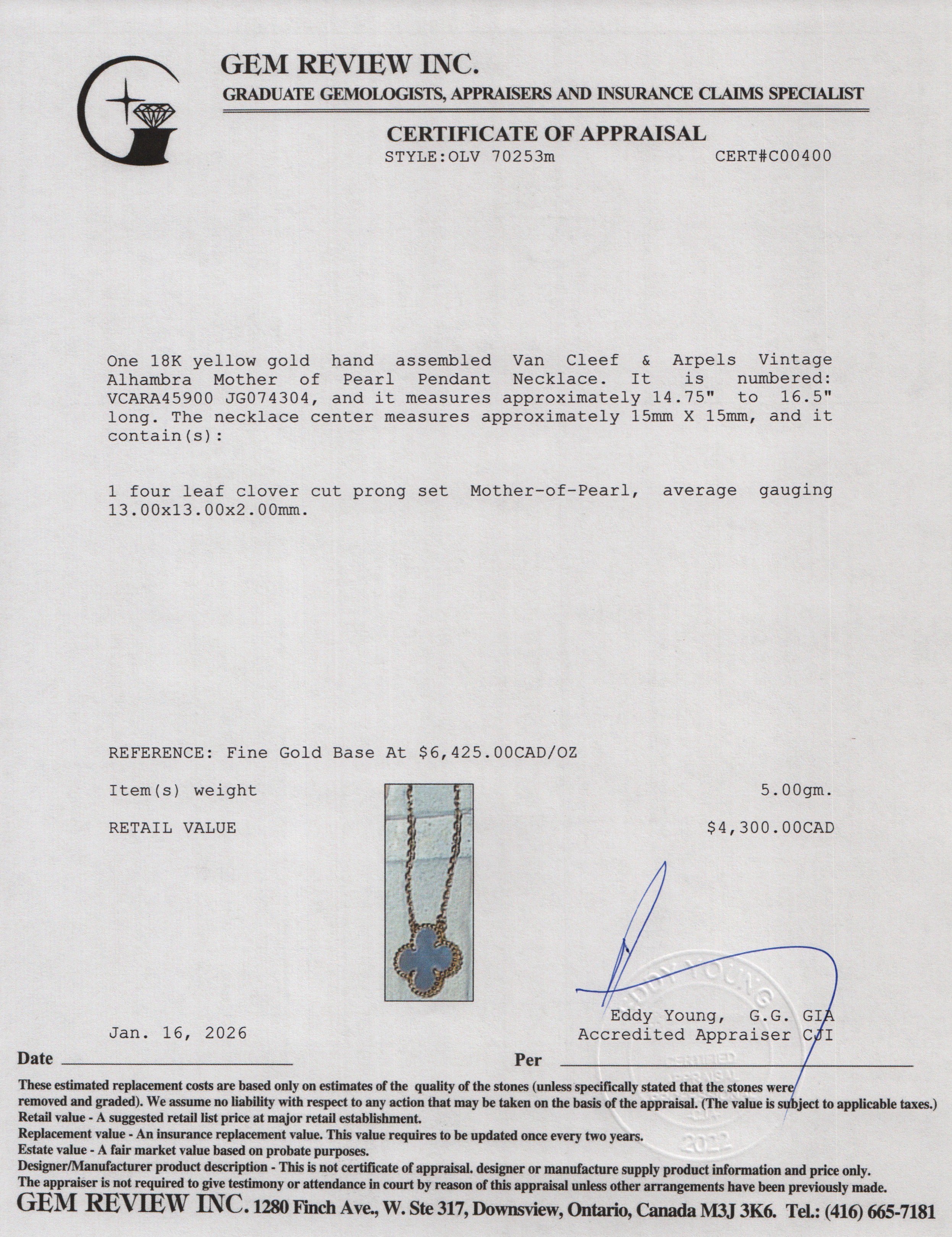 Van Cleef & Arpels 2024 18k Yellow Gold Vintage Alhambra Mother of Pearl Pendant Necklace w/ Box & Certificate