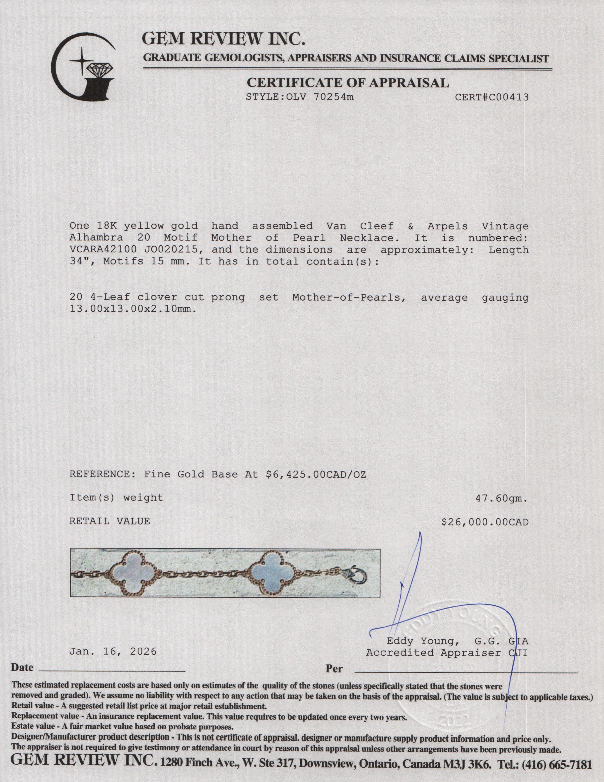 Van Cleef & Arpels 18k Yellow Gold Vintage Alhambra 20 Motif Mother of Pearl Necklace w/ Box & Certificate