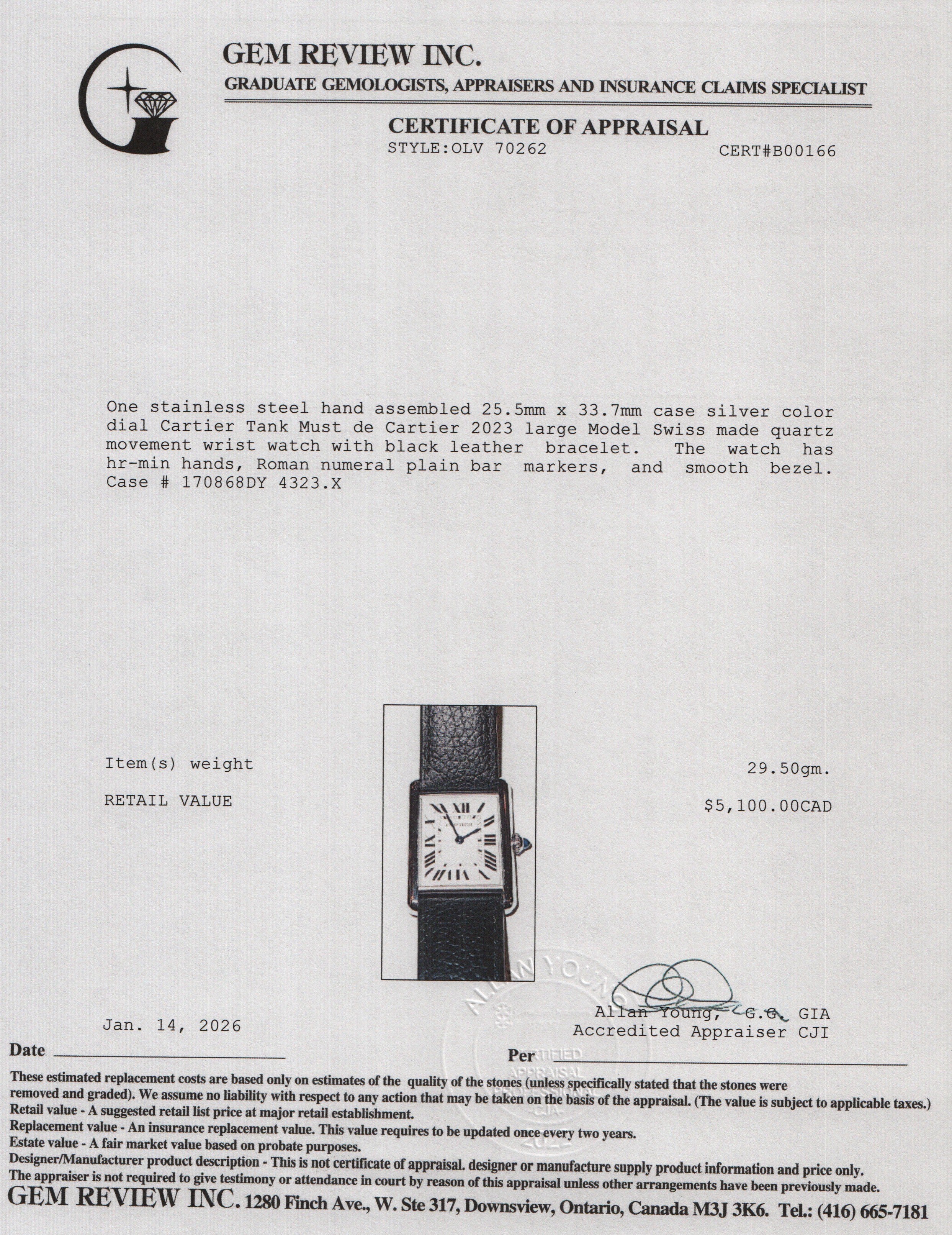 Cartier 2023 Stainless Steel Tank Must de Cartier Quartz Watch, Large Model 4323 w/ Box & Papers