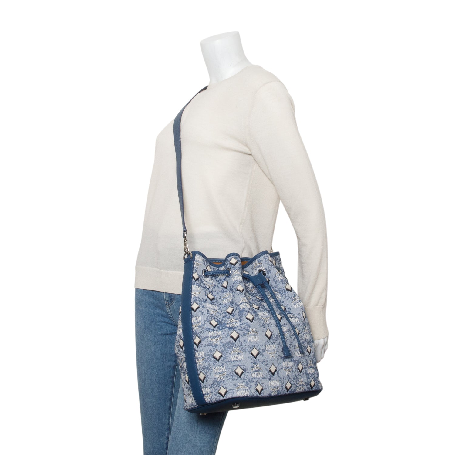 MCM Blue Denim Dessau Bucket Nag w/ Strap & Pouch