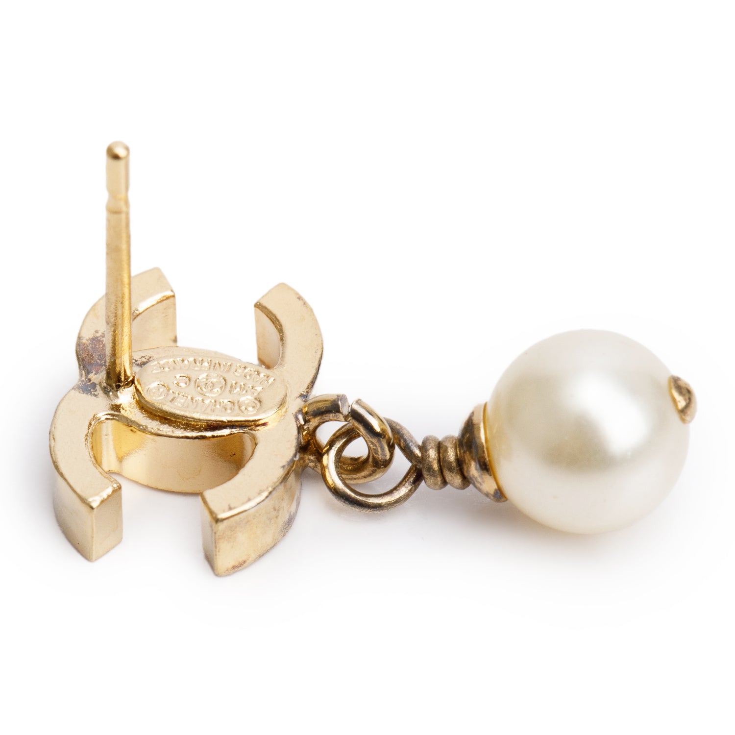 Chanel Gold-Plated Faux Pearl Hammered CC Mini Drop Earrings w/ Box