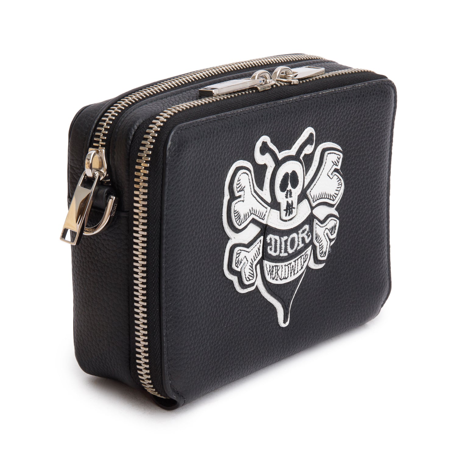 Christian Dior x Shawn Stussy Black Calfskin Leather Double Zip Crossbody Bag