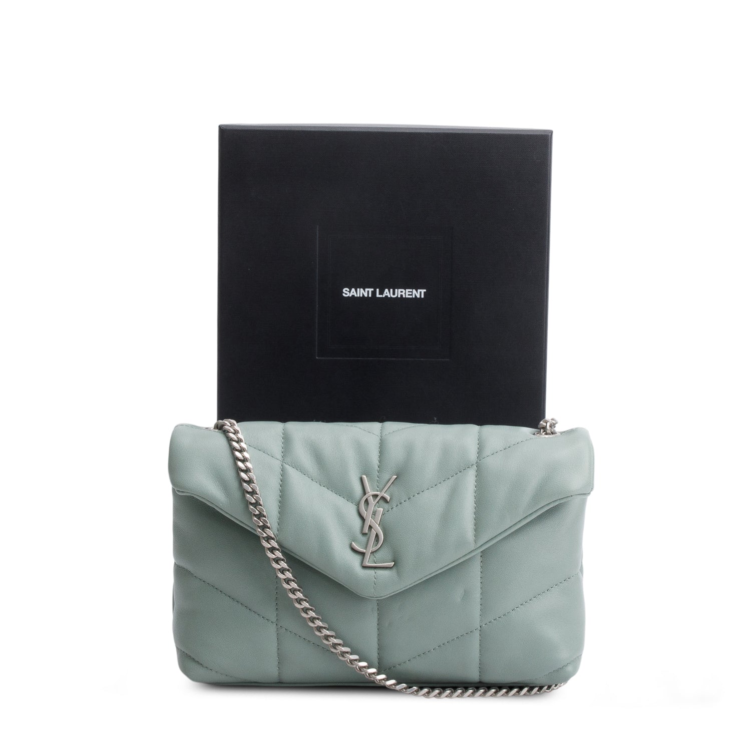Saint Laurent 2022 Blue Lambskin Quilted Toy Loulou Puffer Monogram Chain Satchel w/ Box
