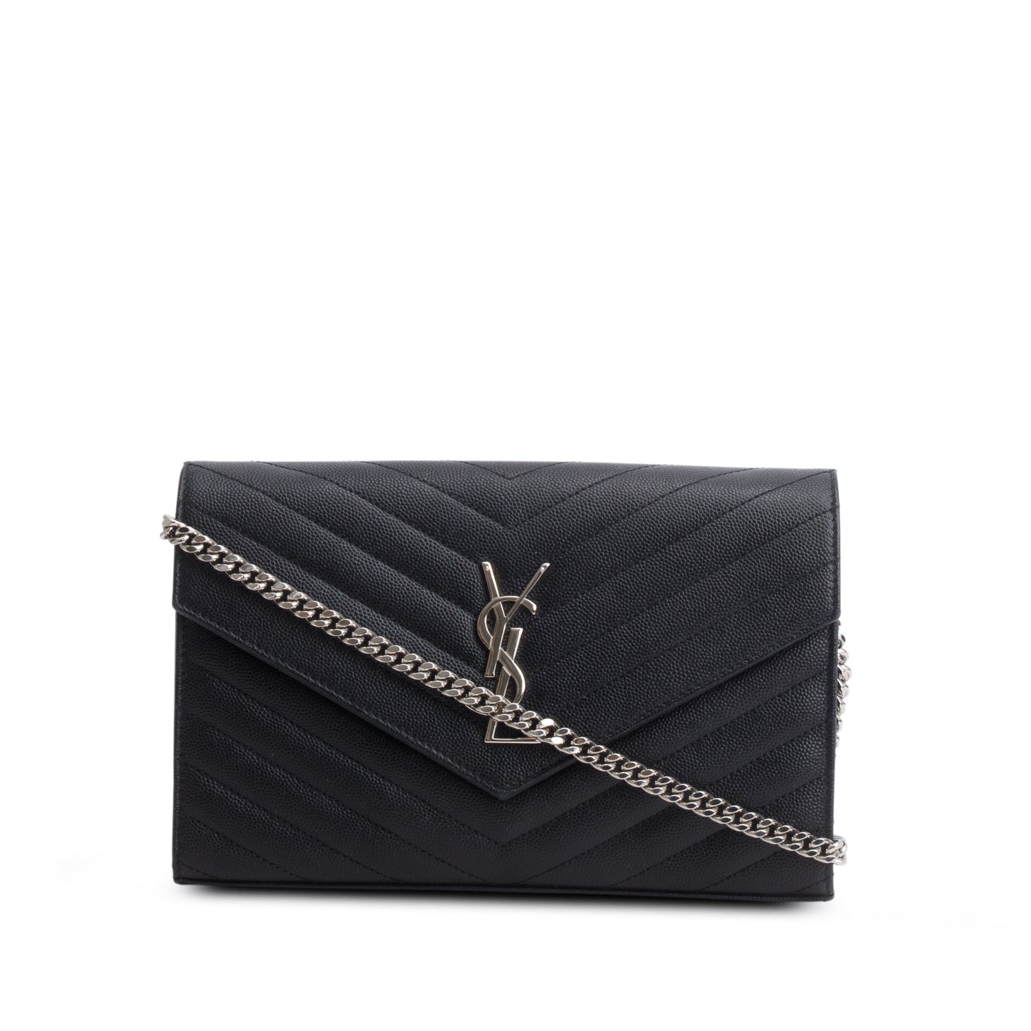 Saint Laurent 2020 Black Grain De Poudre Chevron Cassandre Envelope Chain Wallet