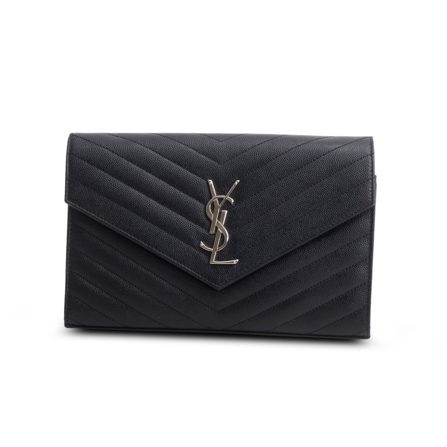Saint Laurent 2020 Black Grain De Poudre Chevron Cassandre Envelope Chain Wallet
