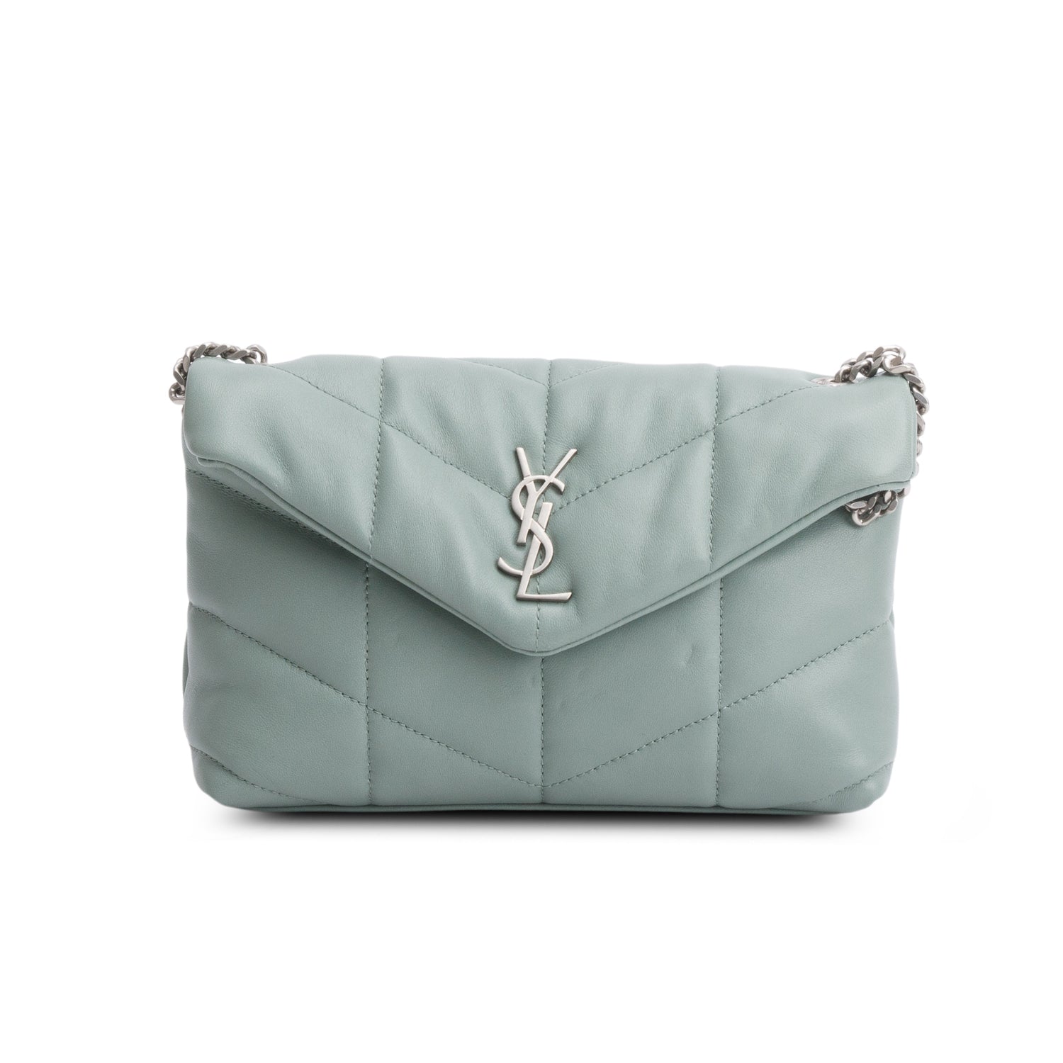 Saint Laurent 2022 Blue Lambskin Quilted Toy Loulou Puffer Monogram Chain Satchel w/ Box