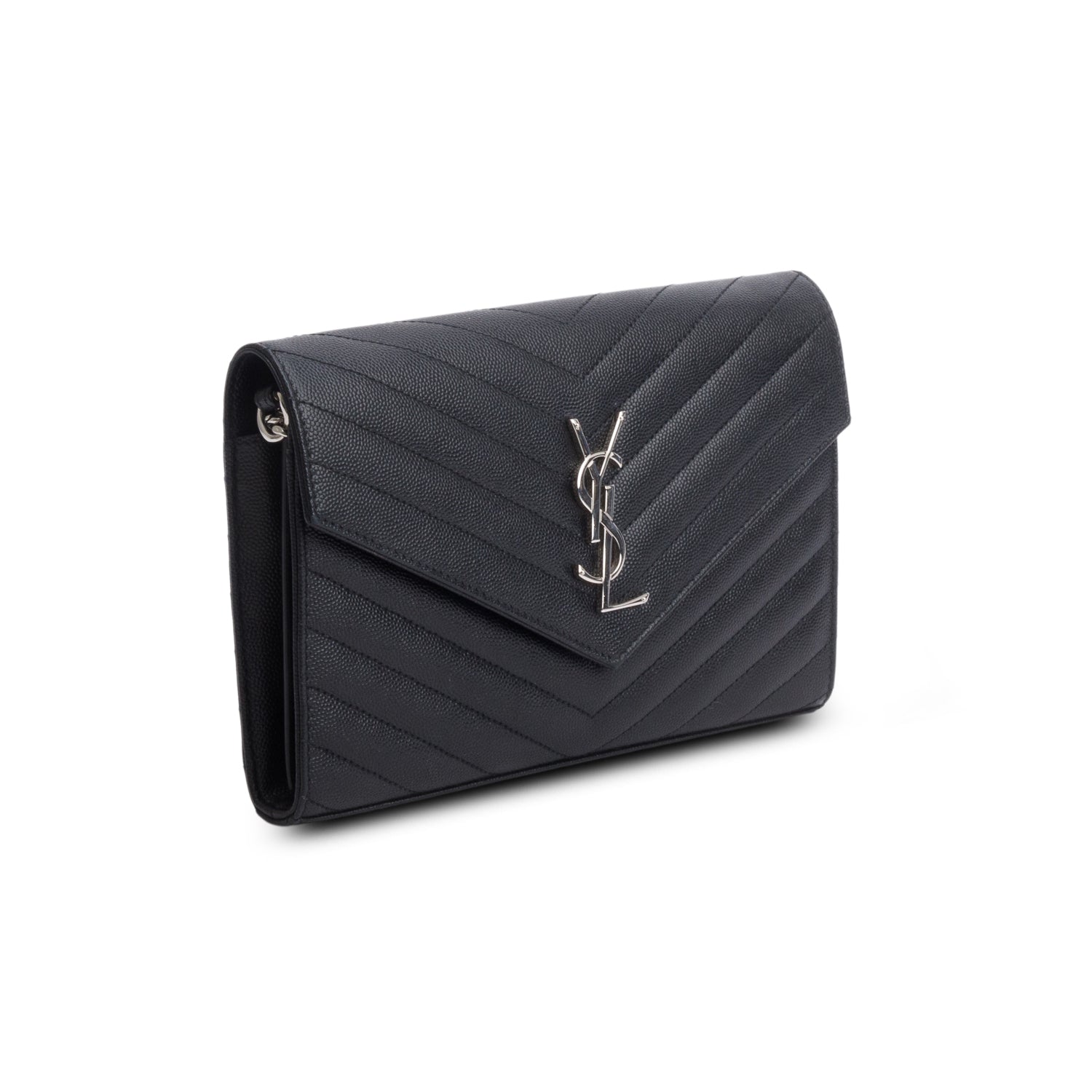 Saint Laurent 2020 Black Grain De Poudre Chevron Cassandre Envelope Chain Wallet