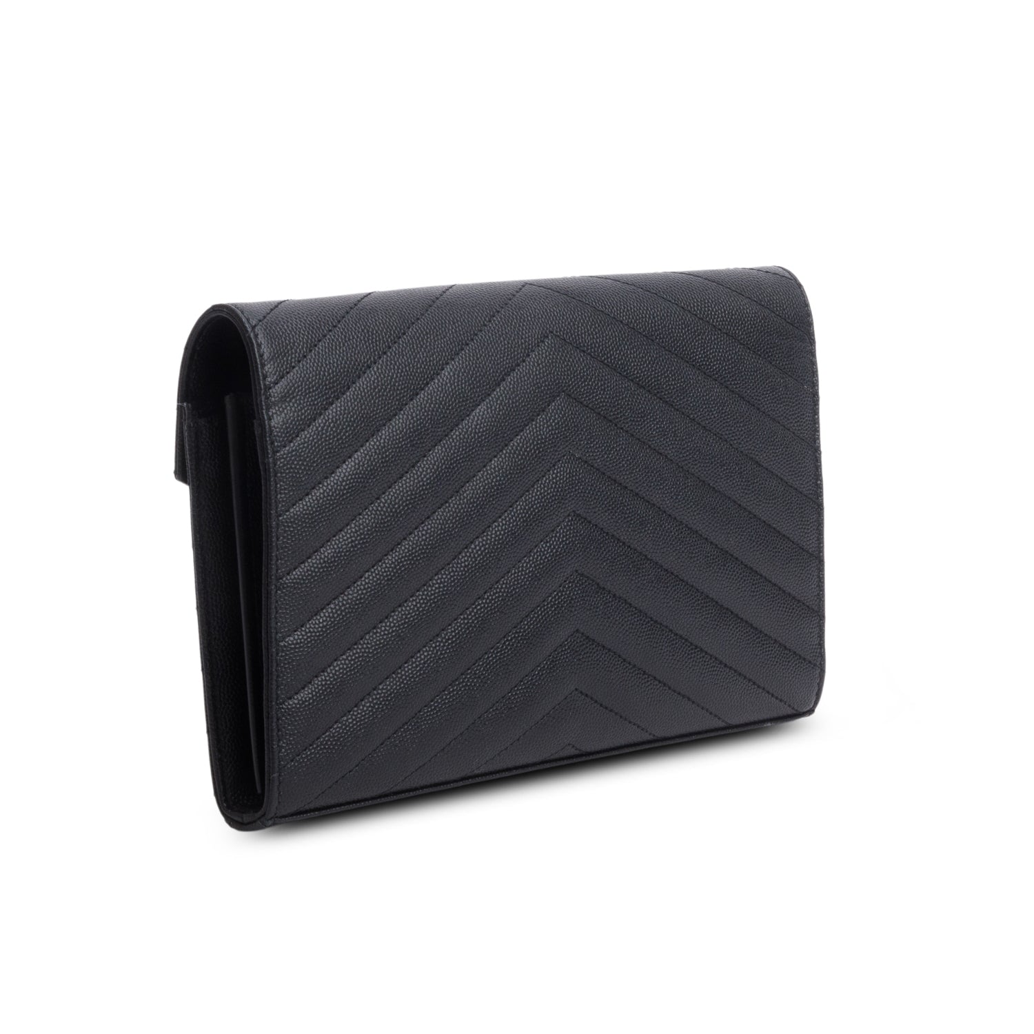 Saint Laurent 2020 Black Grain De Poudre Chevron Cassandre Envelope Chain Wallet