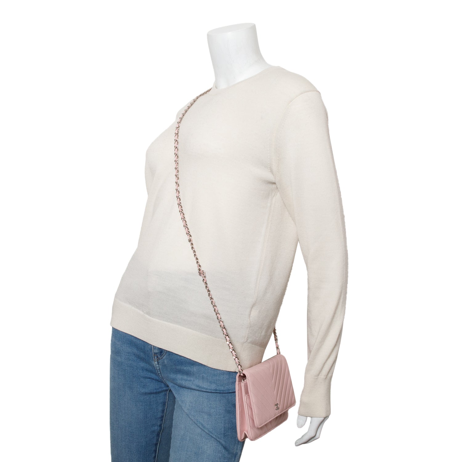 Chanel 2022 Pink Lambskin Chevron Quilted Wallet on Chain w/ Box & Receipt