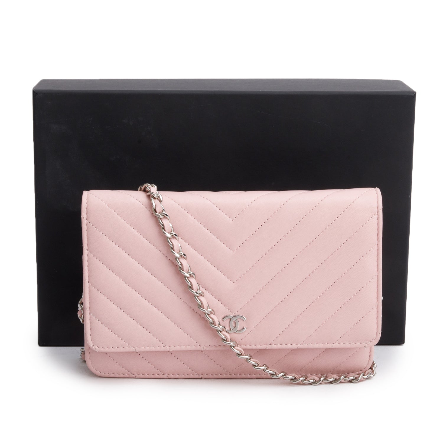 Chanel 2022 Pink Lambskin Chevron Quilted Wallet on Chain w/ Box & Receipt