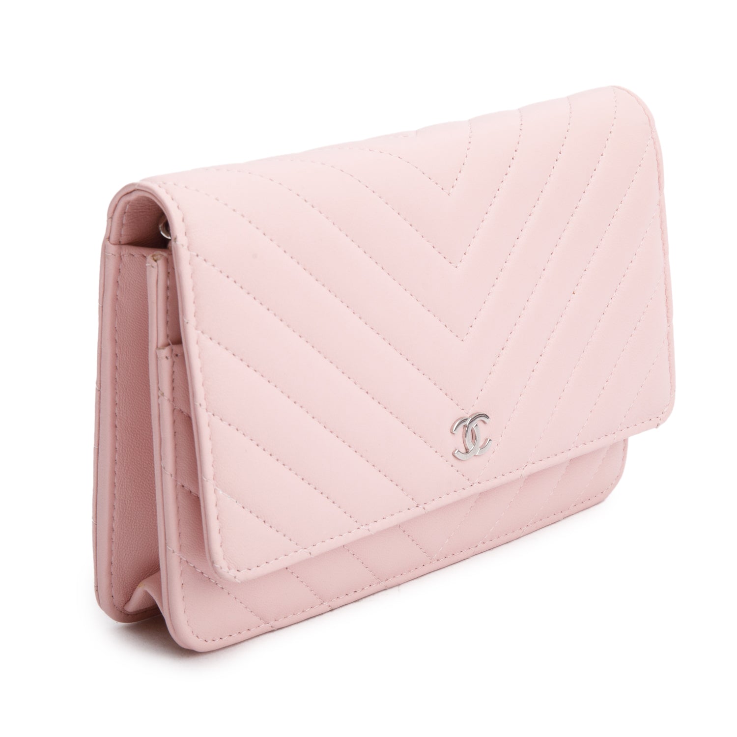 Chanel 2022 Pink Lambskin Chevron Quilted Wallet on Chain w/ Box & Receipt