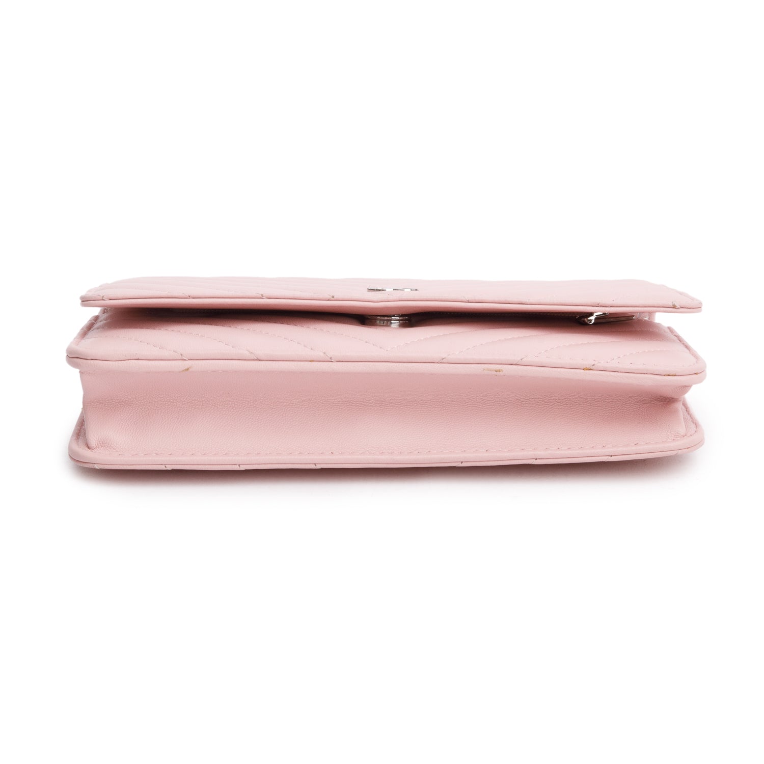Chanel 2022 Pink Lambskin Chevron Quilted Wallet on Chain w/ Box & Receipt