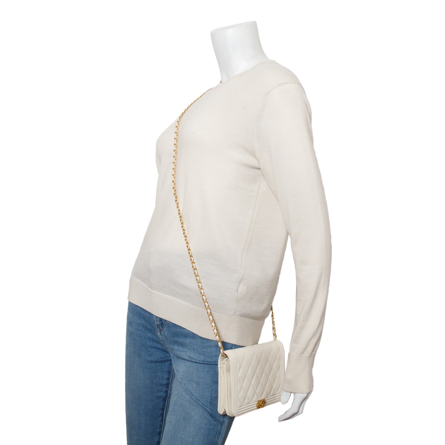 Chanel White Caviar Quilted Boy Wallet on Chain